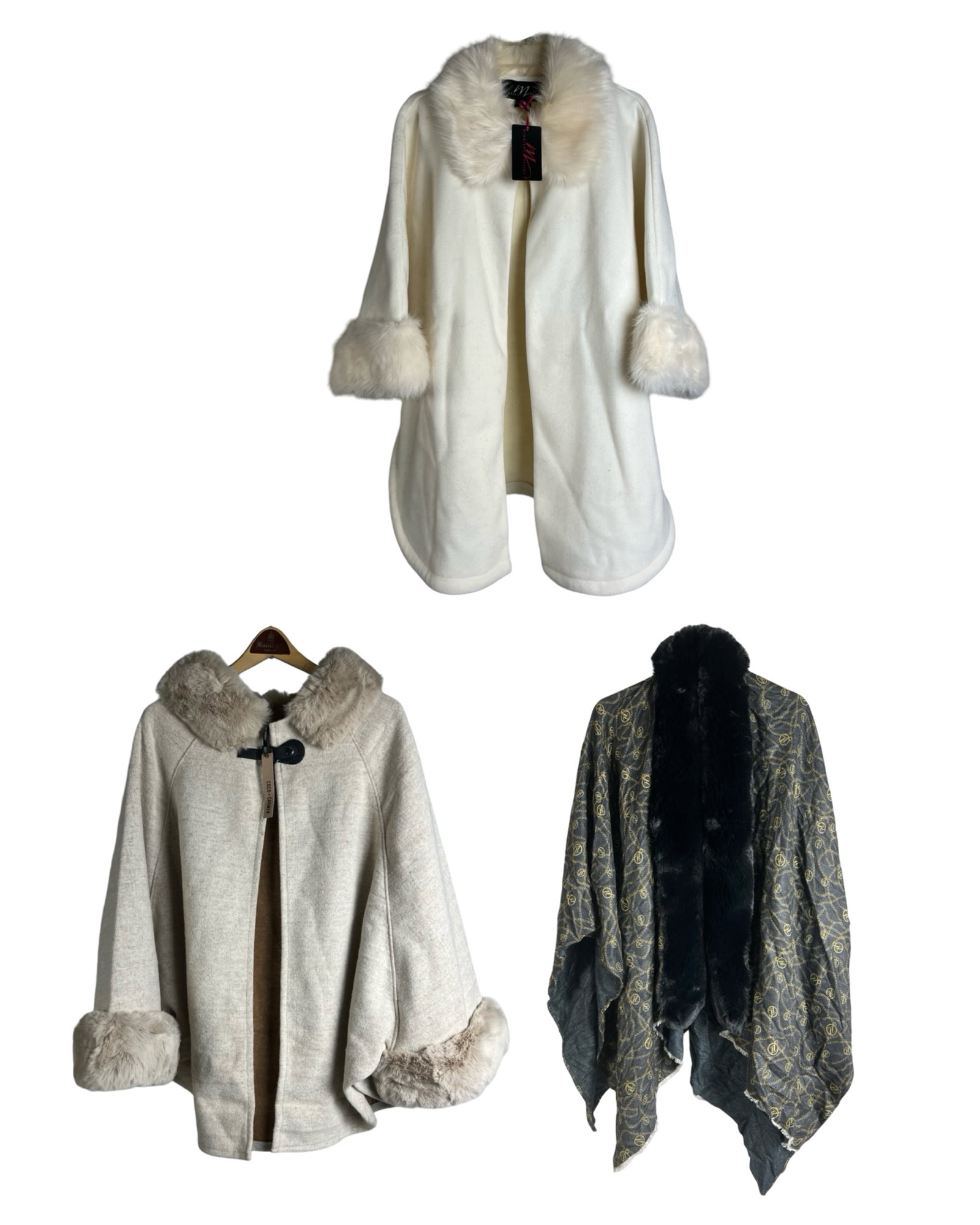 Set of Ladies Ponchos: Coco+Carmen & More: Elegant and cozy ponchos: Coco Carmen Brown w/ Fur, Midnight Velvet White w/ Fur, Adrienne Vittadini StudioAll new with tags.
