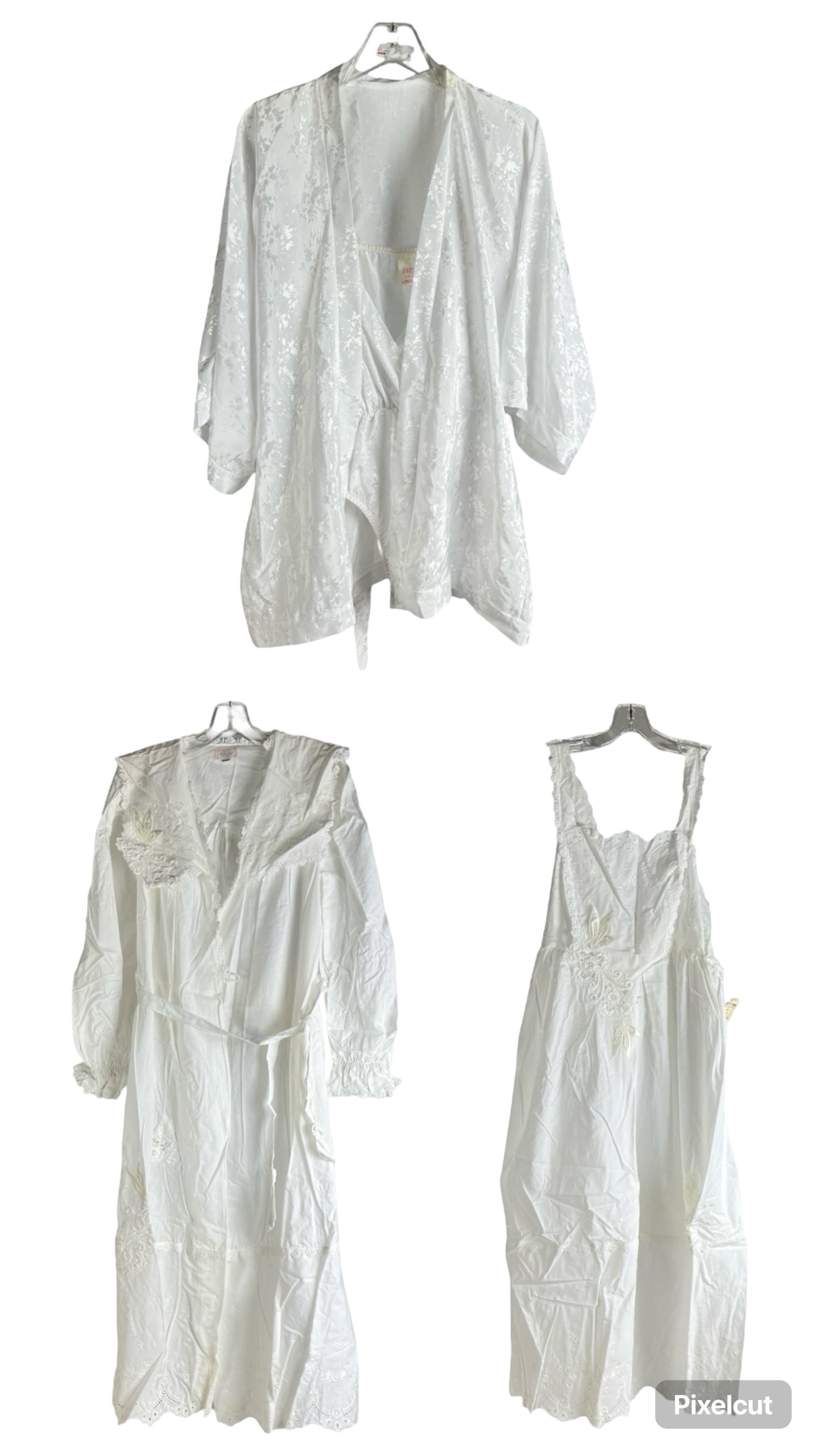 Ladies Silk & Lace and Cotton Sleepwear Collection: White Silk & Lace Rompers & Robes, Plus 4 Cotton Nightgowns (Size S-M) - Elegant and delicate nightwear with soft, breathable fabrics.Condition New-Mint