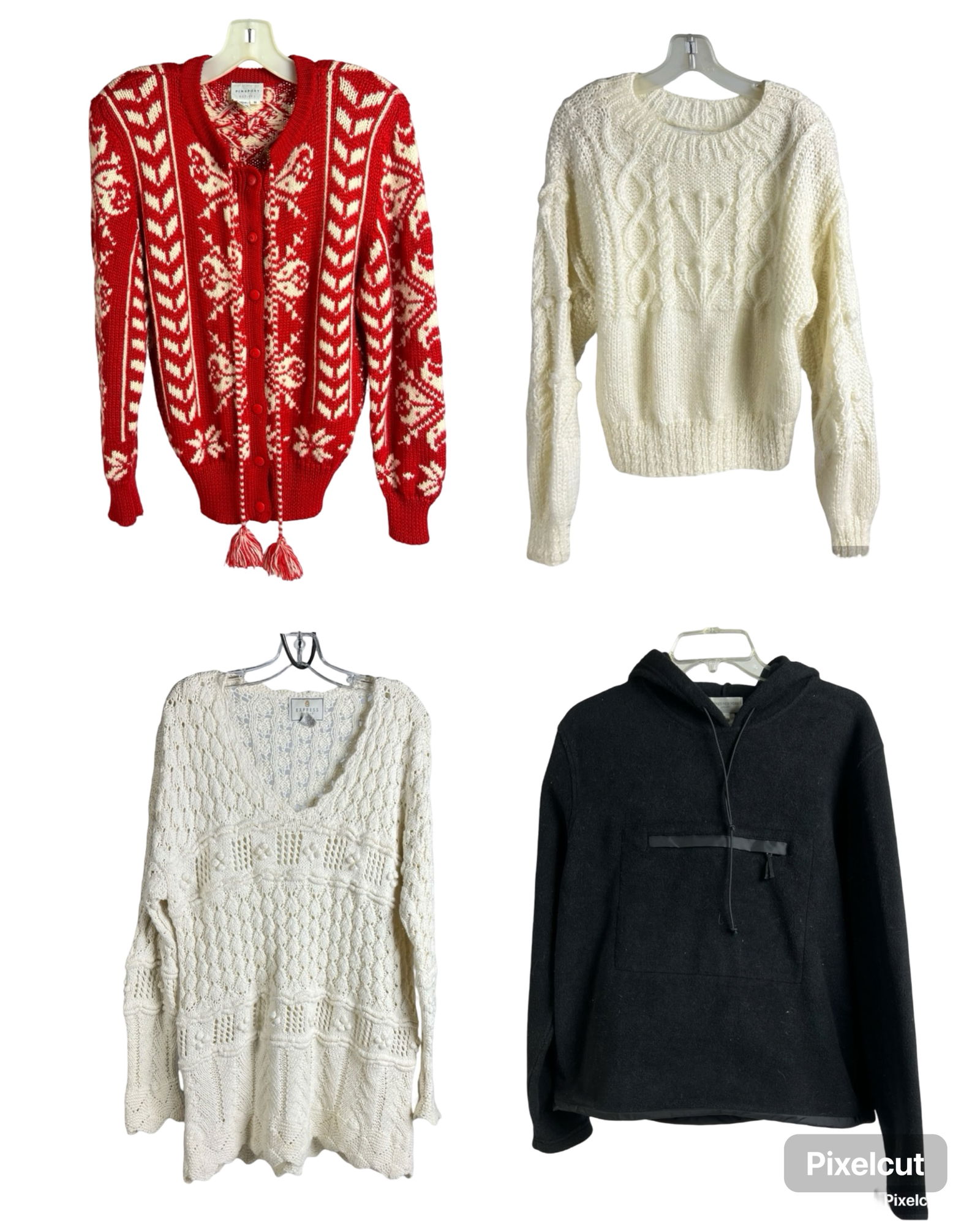 Ladies Sweater & Hoodie Collection: Includes PingSport Petites S Red & White Cardigan, Liz Claiborne S White Sweater, Express Tricot M White Sweater, and Jones New York Sport L Cargo Hoodie