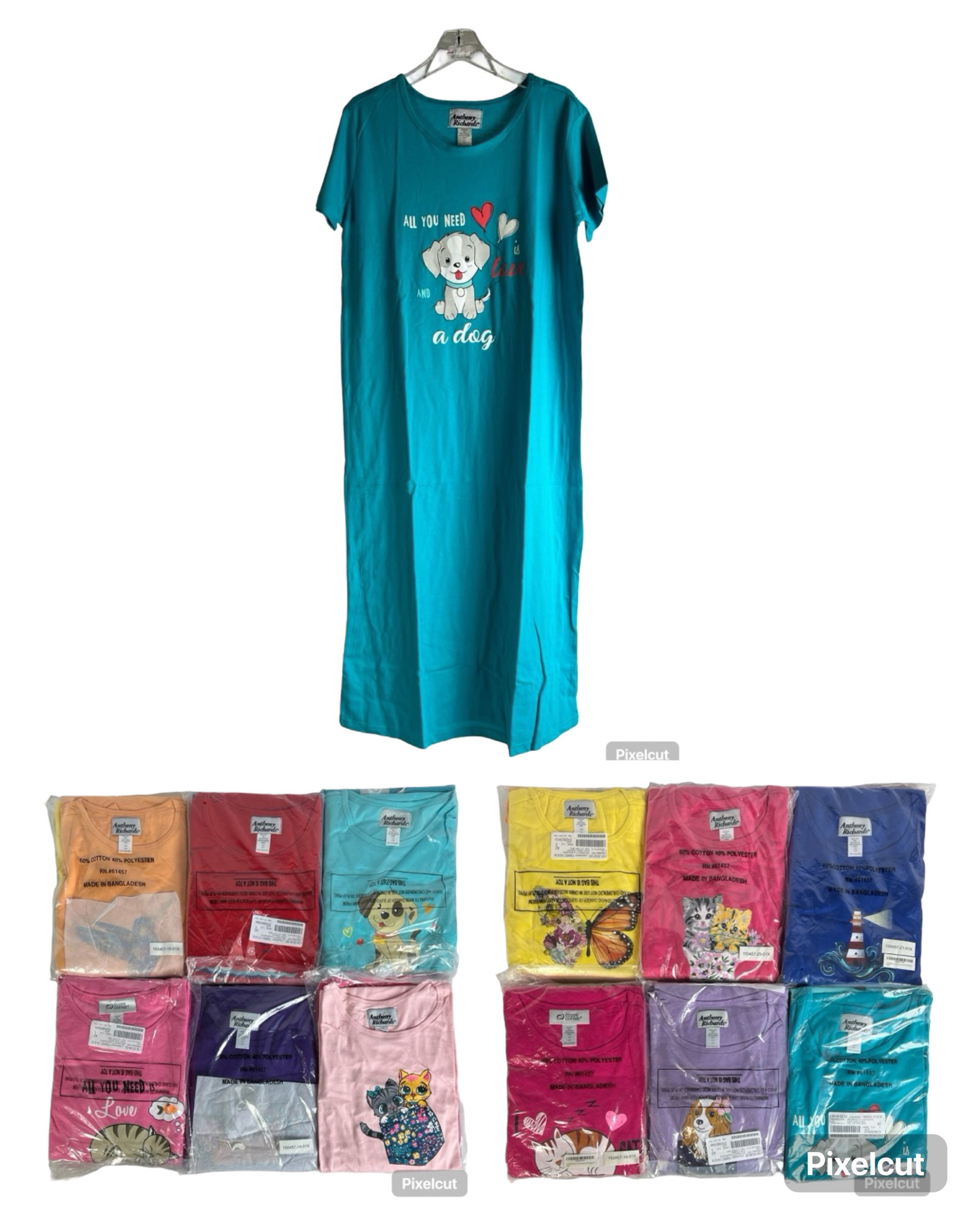 6 Packs of 2 Nightgowns (1X) - Cartoon Prints: Set of 12 fun and cozy nightgowns featuring cartoon prints, all in size 1X, perfect for comfortable sleepwear.