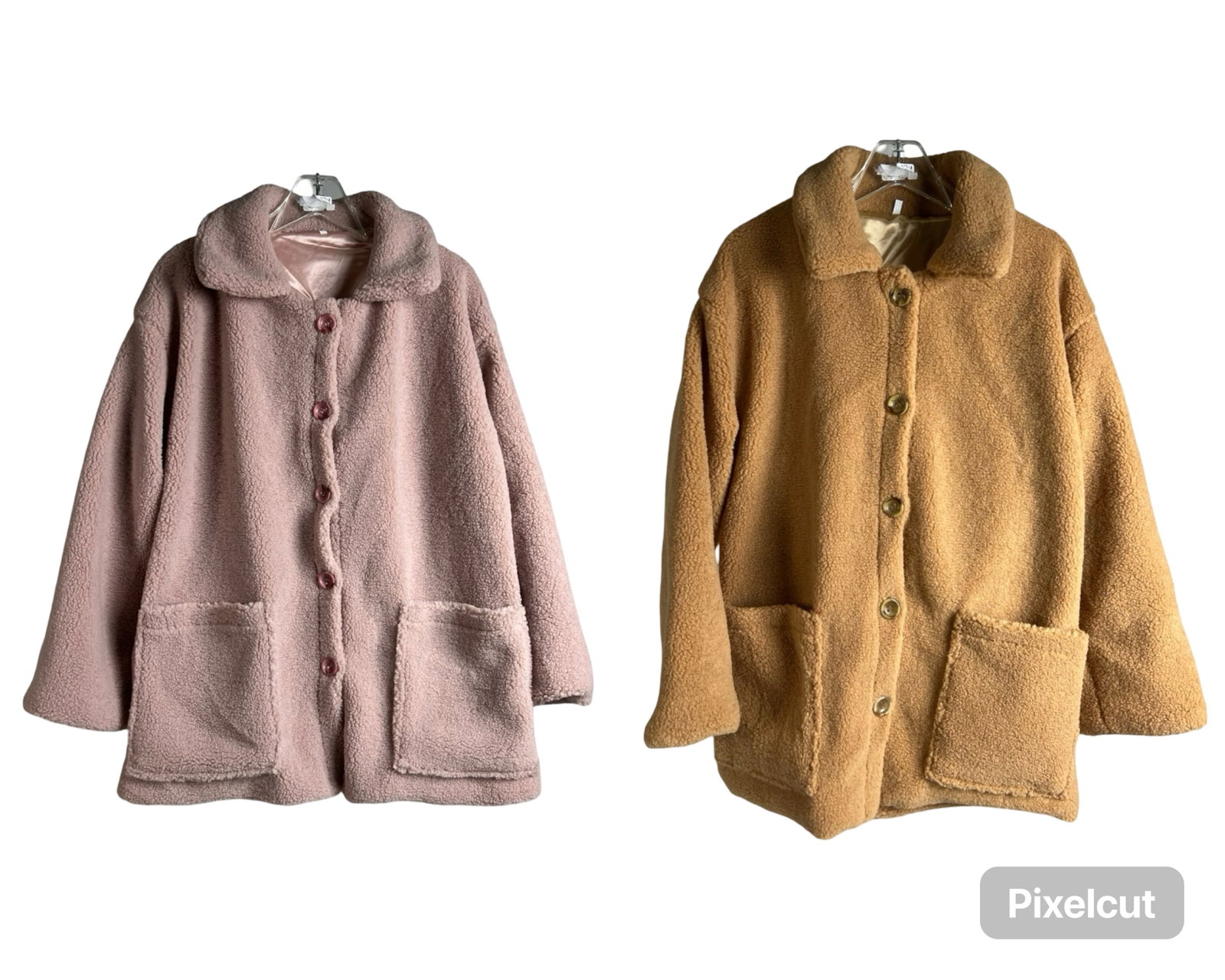 Pair of Ladies Teddy Coats: Cozy and stylish teddy coats in dusty pink (XL) and camel (L).New-mint condition