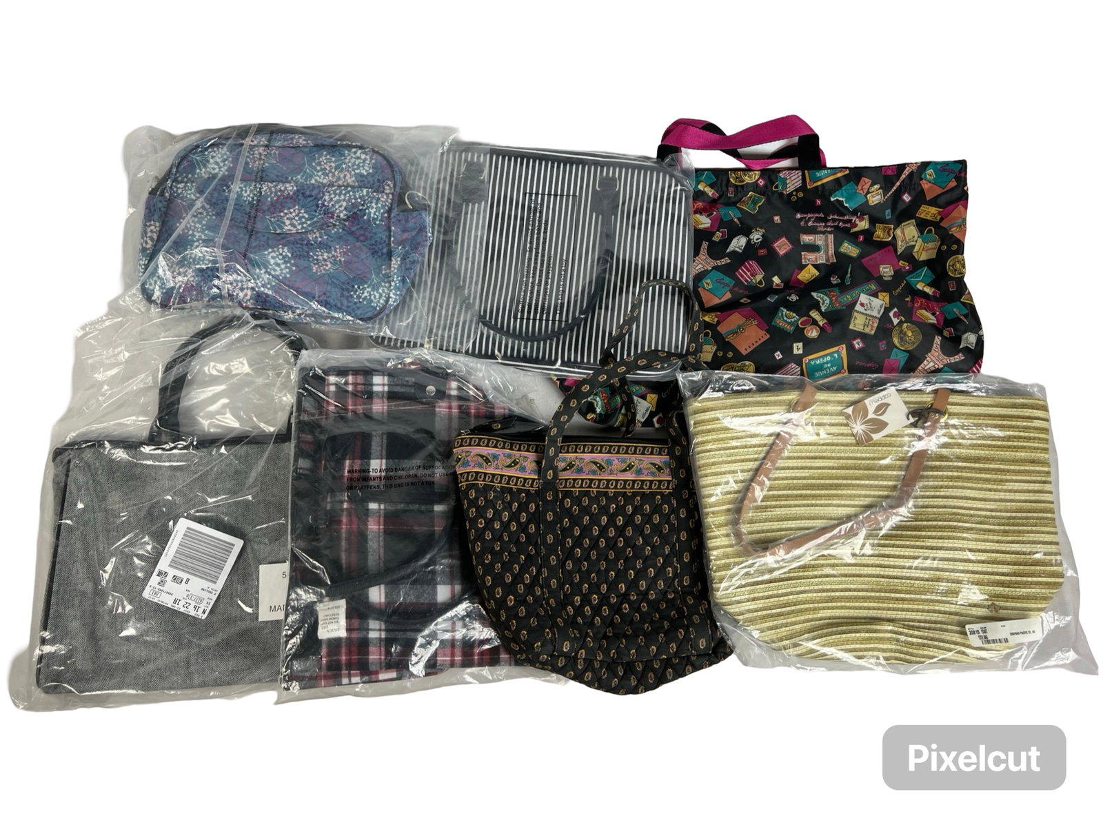 7 Ladies Totes - Various Sizes & Prints: Collection of 7 stylish totes in different sizes and prints, ranging from 16x30 to 15x22.New condition