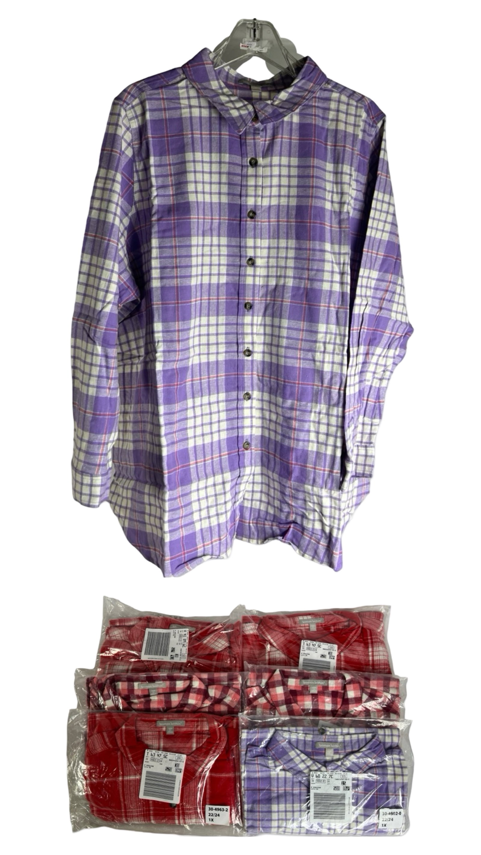 6 New Woman Within Checkered Shirts Size 1X 22/24: Six Woman Within checkered shirts in colorful patterns, size 1X (22/24). All shirts are in new condition,