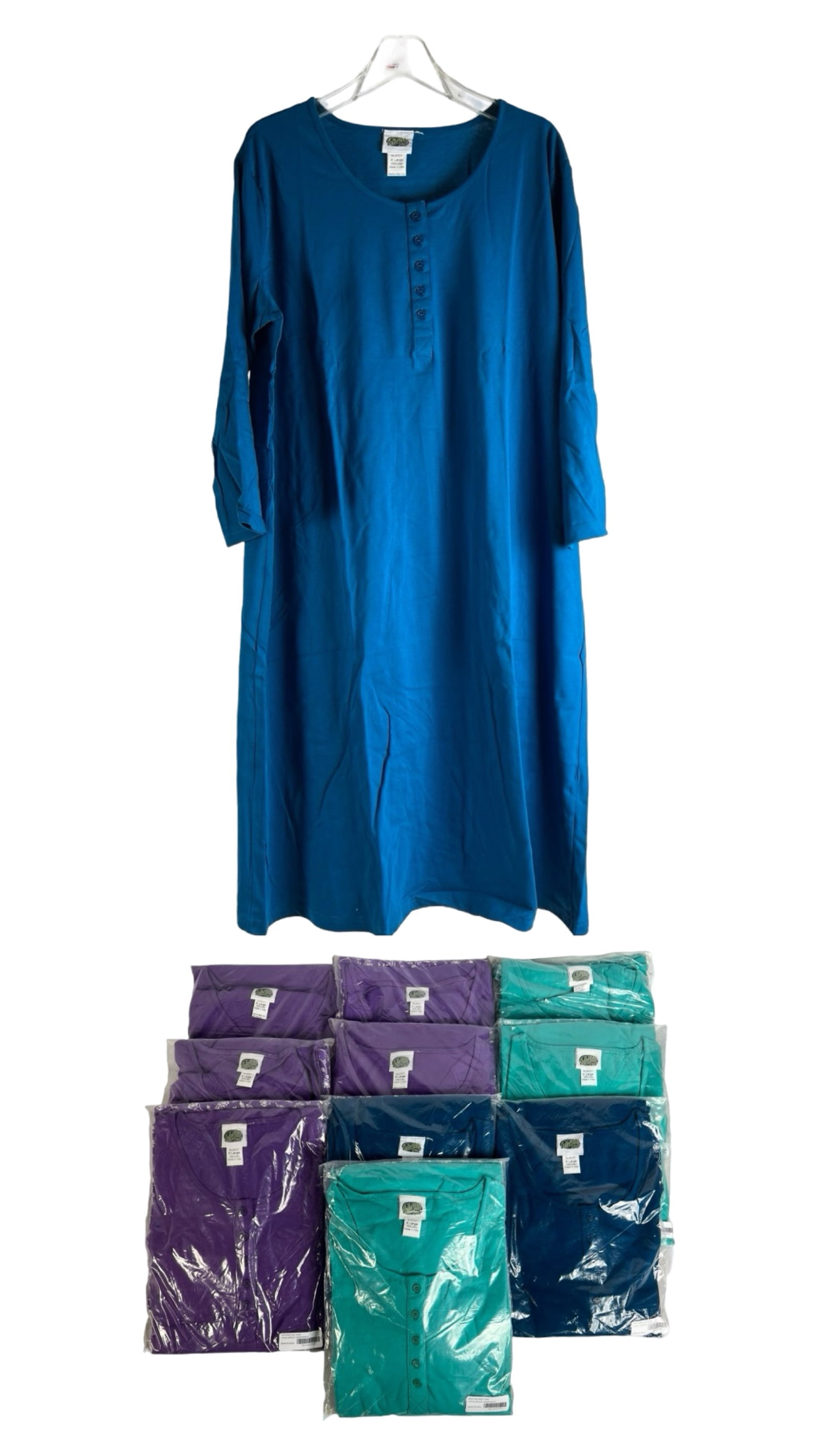 10 Two-Pack Henley Lady's Nightgowns XL New: Lot of 10 ladies' two-pack Henley nightgowns in size XL. Various colors and designs, all in new condition.