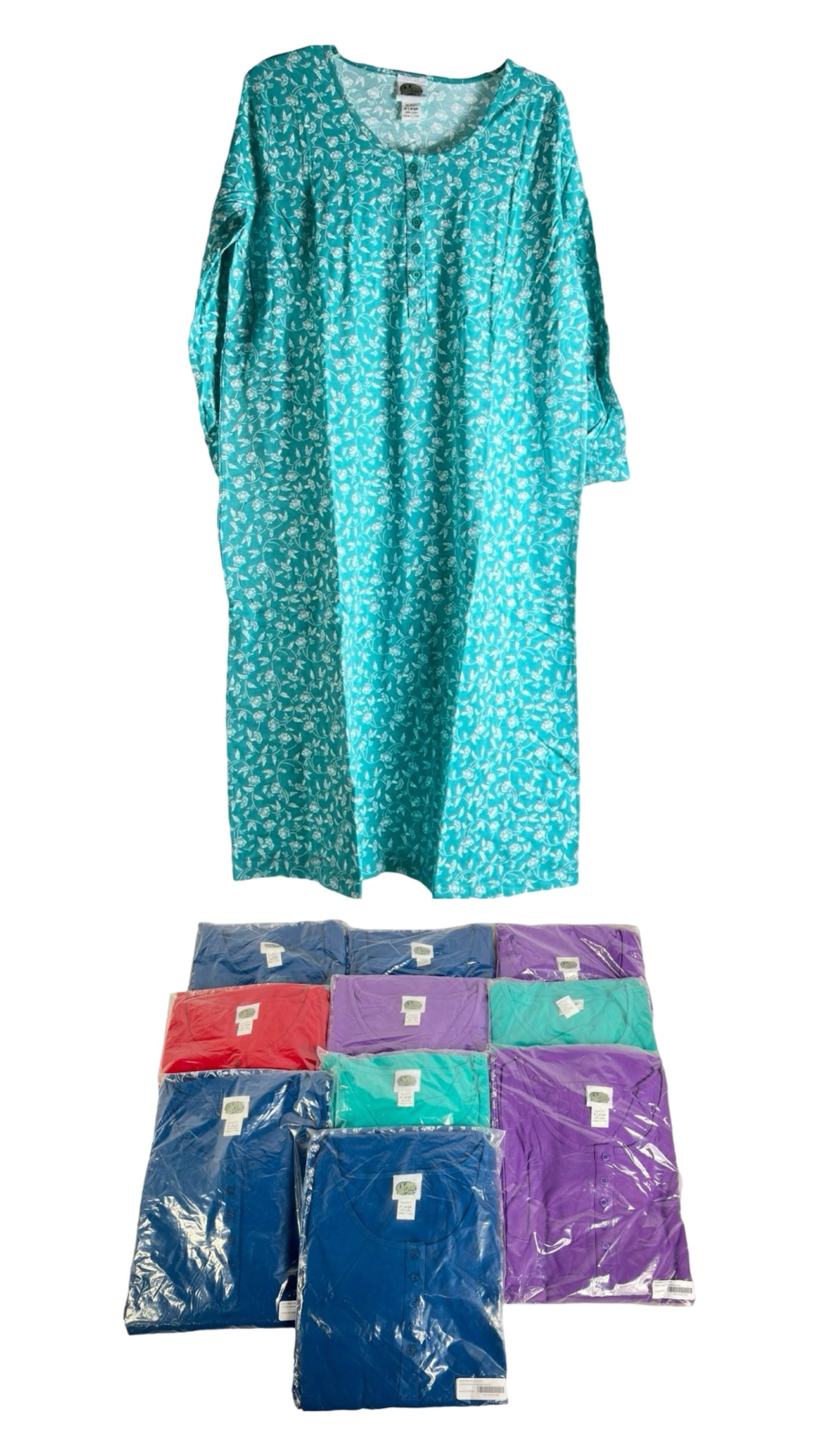 10 Two-Pack Henley Lady's Nightgowns XL New: Lot of 10 ladies' two-pack Henley nightgowns in size XL. Various colors and designs, all in new condition.
