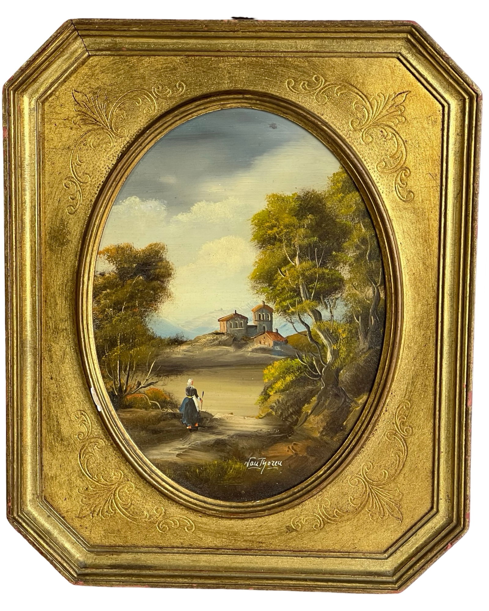 Otto Ritter von Thoren - 19th C Oil Painting: Atmospheric 19th century country landscape oil painting by noted Austrian artist Otto Ritter von Thoren. The composition captures a tranquil rural path leading to a cluster of red-roofed buildings nes