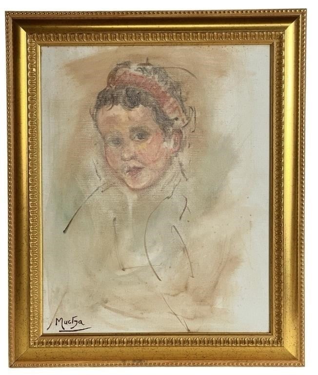 Original Painting in manner of Alphonse Mucha: This oil painting on canvas, signed "Mucha" in the lower left corner, captures a portrait of a young girl with soft, impressionistic brushwork. Measuring 24" x 20" framed, this piece is a gentle homag