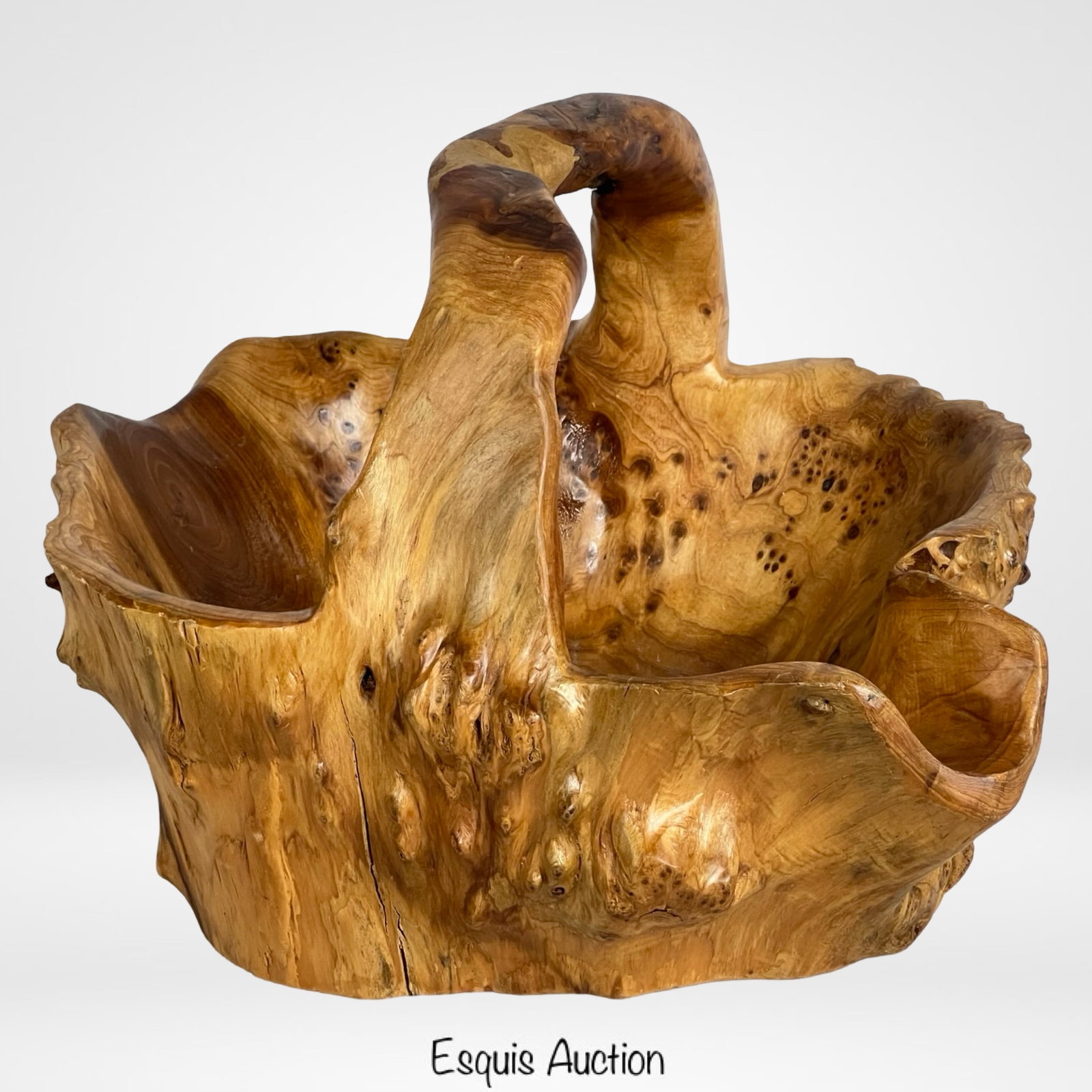 Hand-Carved Natural Burl Wood Basket with Handle (1 of 4)