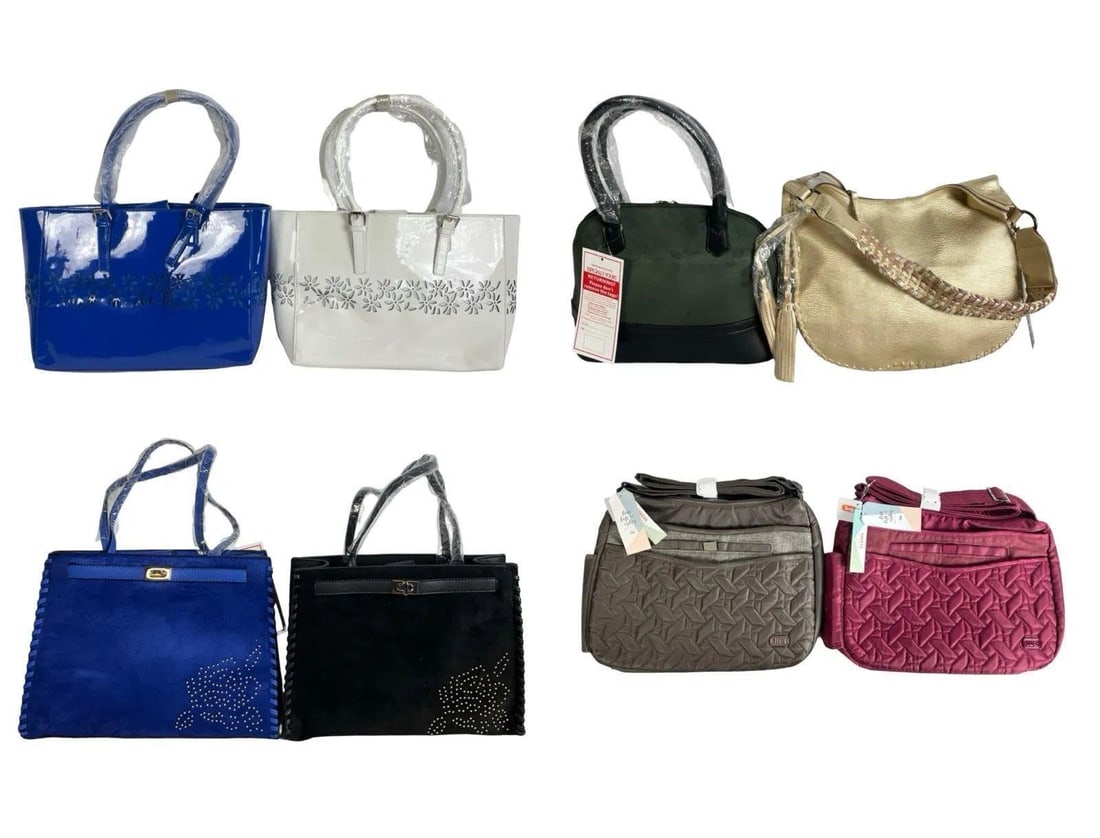 Assortment of Lady's Bags/ Purses/ Handbags- New: Lot of 8 ladies' bags in assorted styles and colors. Sizes range from 14" x 10" to 17" x 11". Perfect for everyday use or fashion accessories. New-Mint condition.