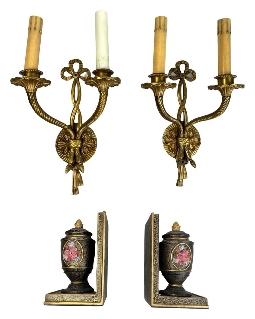 Vintage French Empire Style Gilt Wall Sconces & Bo: Pair of vintage French Empire style gilt wall sconces featuring two candle arms with twisted rope and ribbon bow motifs. Sconces measure approximately 13 inches tall. Includes a matching pair of urn-s