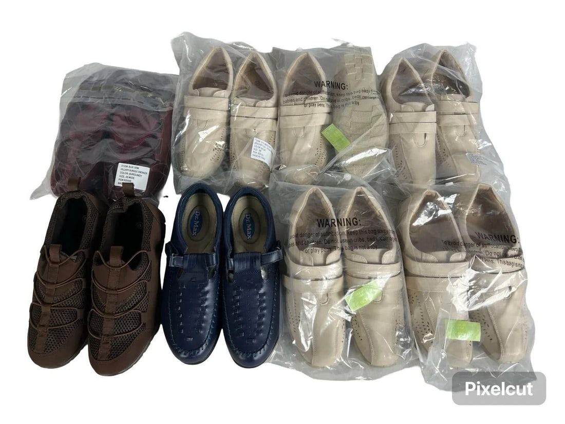 8 Pairs Ladies Shoes (Size 9): 2 Bungee Sneakers, 1 Dr. Max, 5 Beige Rose Sneakers, all in size 9W