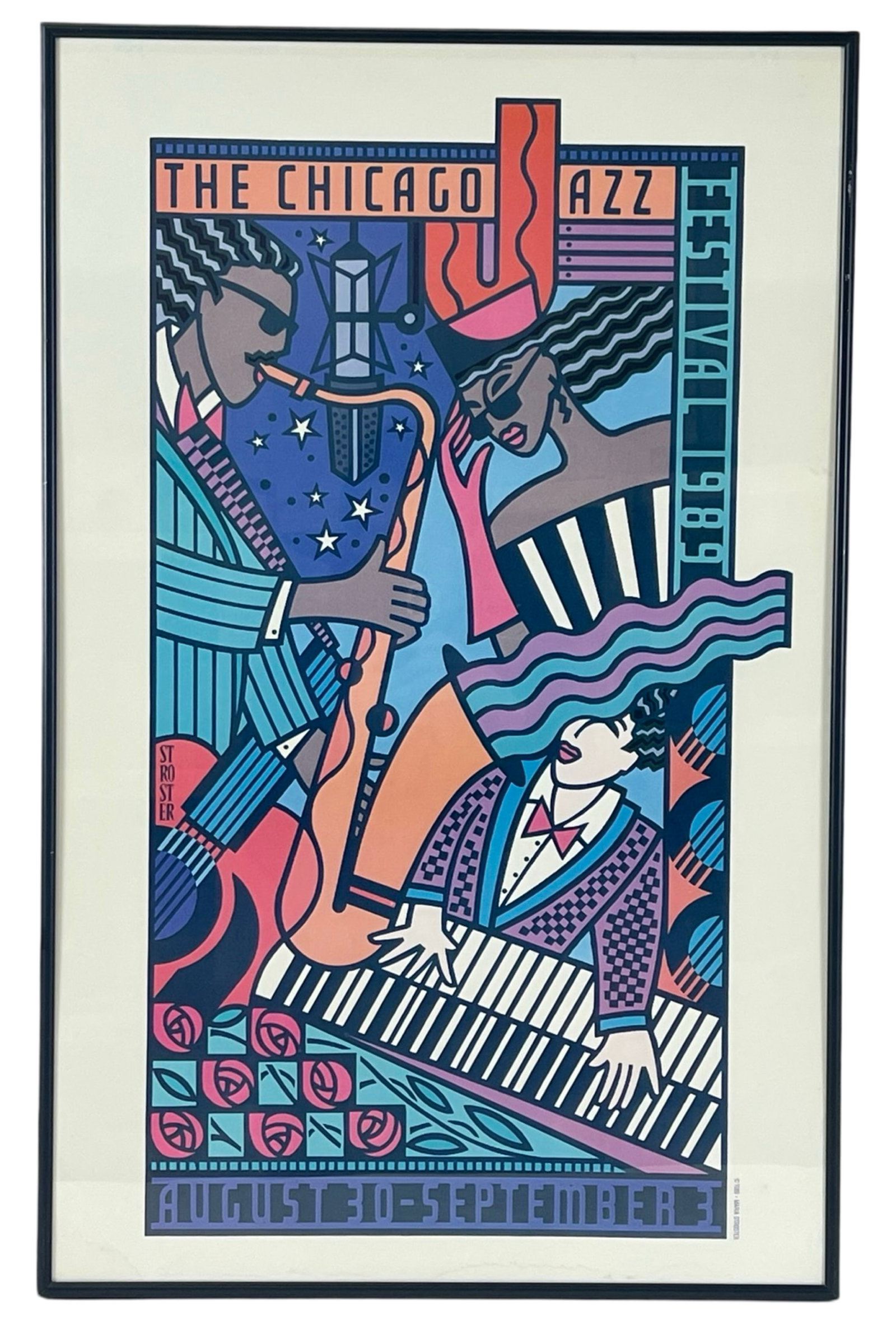 Chicago Jazz Festival Poster by Stroster 1989: 1989 Chicago Jazz Festival promotional poster by artist Maria Stroster. Poster measures approximately 30" x 19" framedGood overall condition; colors remain vivid, minimal age-related wear.