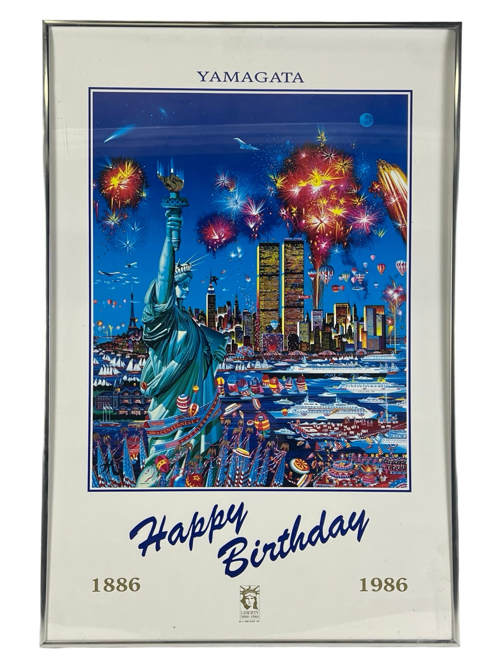 Hiro Yamagata Statue of Liberty 86 Anniv Litho: Offset lithograph titled Happy Birthday by Hiro Yamagata, commemorating the 100th birthday of the Statue of Liberty. Signed and dated in plate "Yamagata 1986." Published by SL/EIF Inc. 36" x 24"Good C