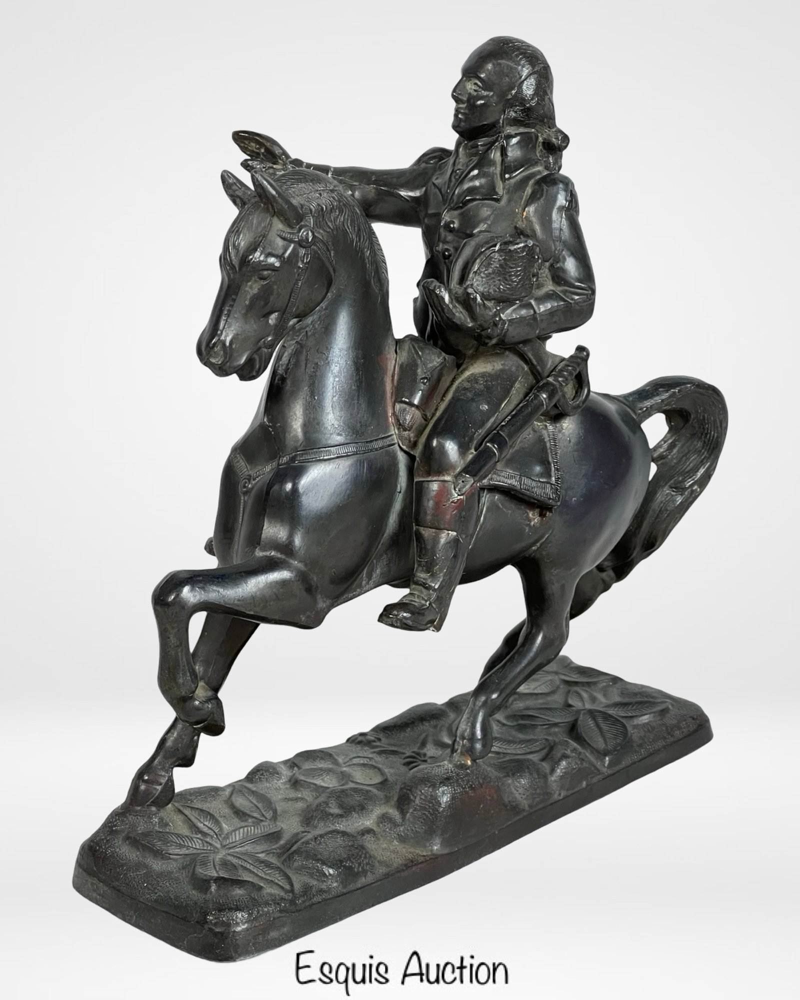 Cast Metal Sculpture of George Washington on Horse: Detailed cast metal sculpture depicting General George Washington on horseback, mid-gesture with outstretched right arm, dressed in Revolutionary War-era uniform with sword and tricorn hat in hand. Re