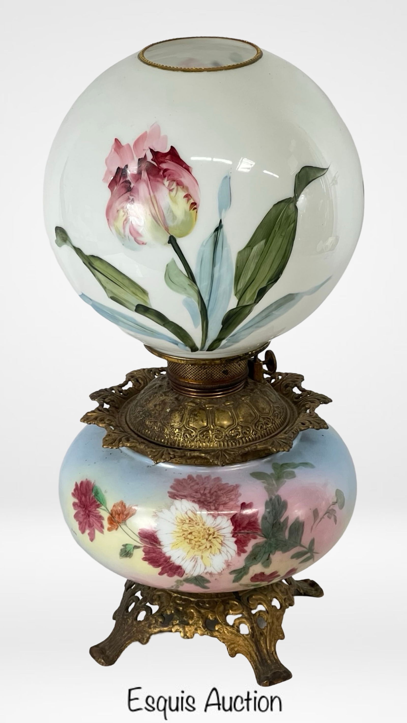 Antique "National" Gone with the Wind Oil Lamp: Charming antique hand-painted glass oil lamp, marked "National," featuring a vibrant floral motif in the classic "Gone with the Wind" style. This elegant parlor lamp includes a colorful gradient glass