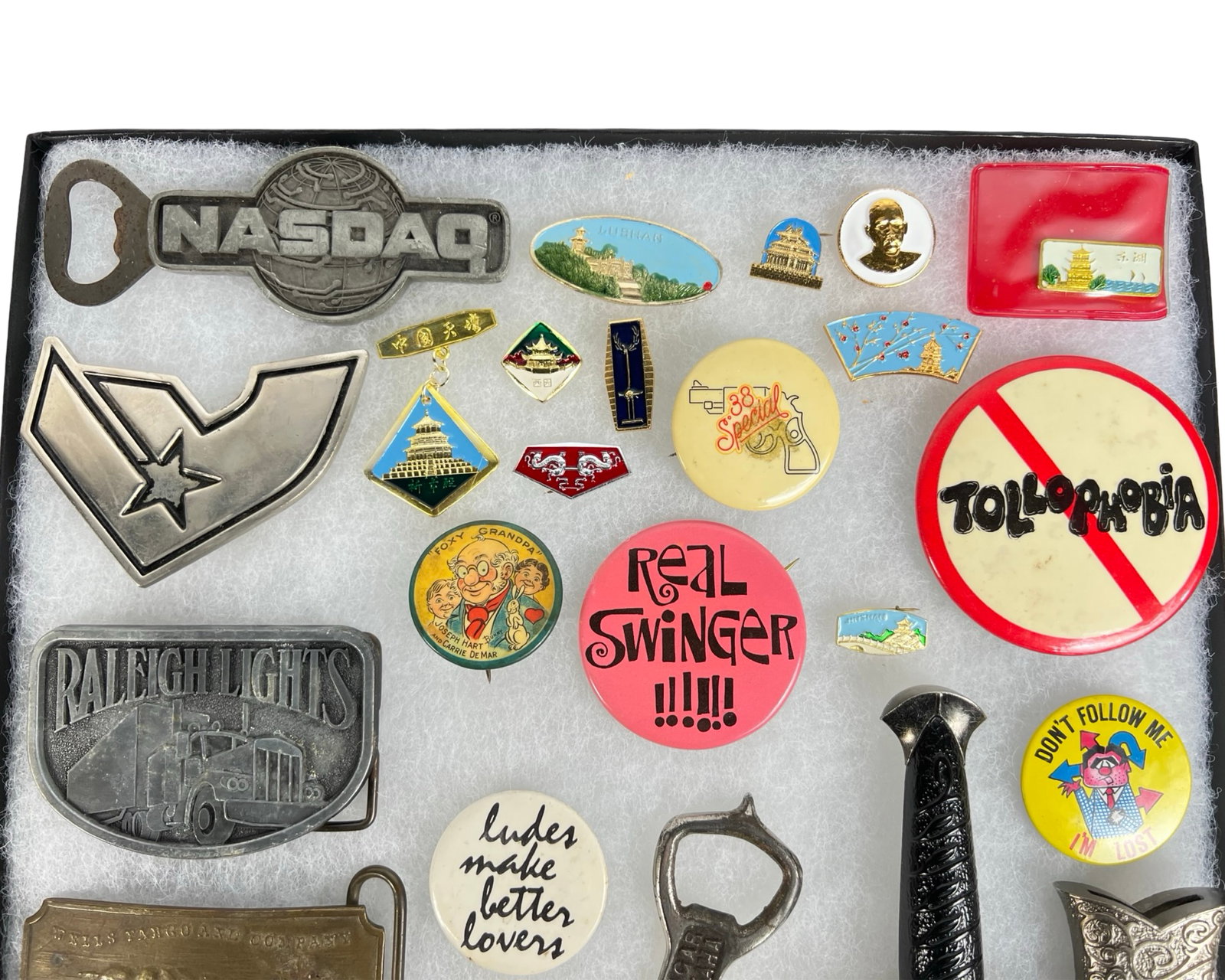 Grandpa's Junk Drawer Lot - Belt Buckles, Knives,: Eclectic mixed-lot featuring vintage collectibles and novelty items- Vintage Pins, Belt Buckles, Knives & Novelties