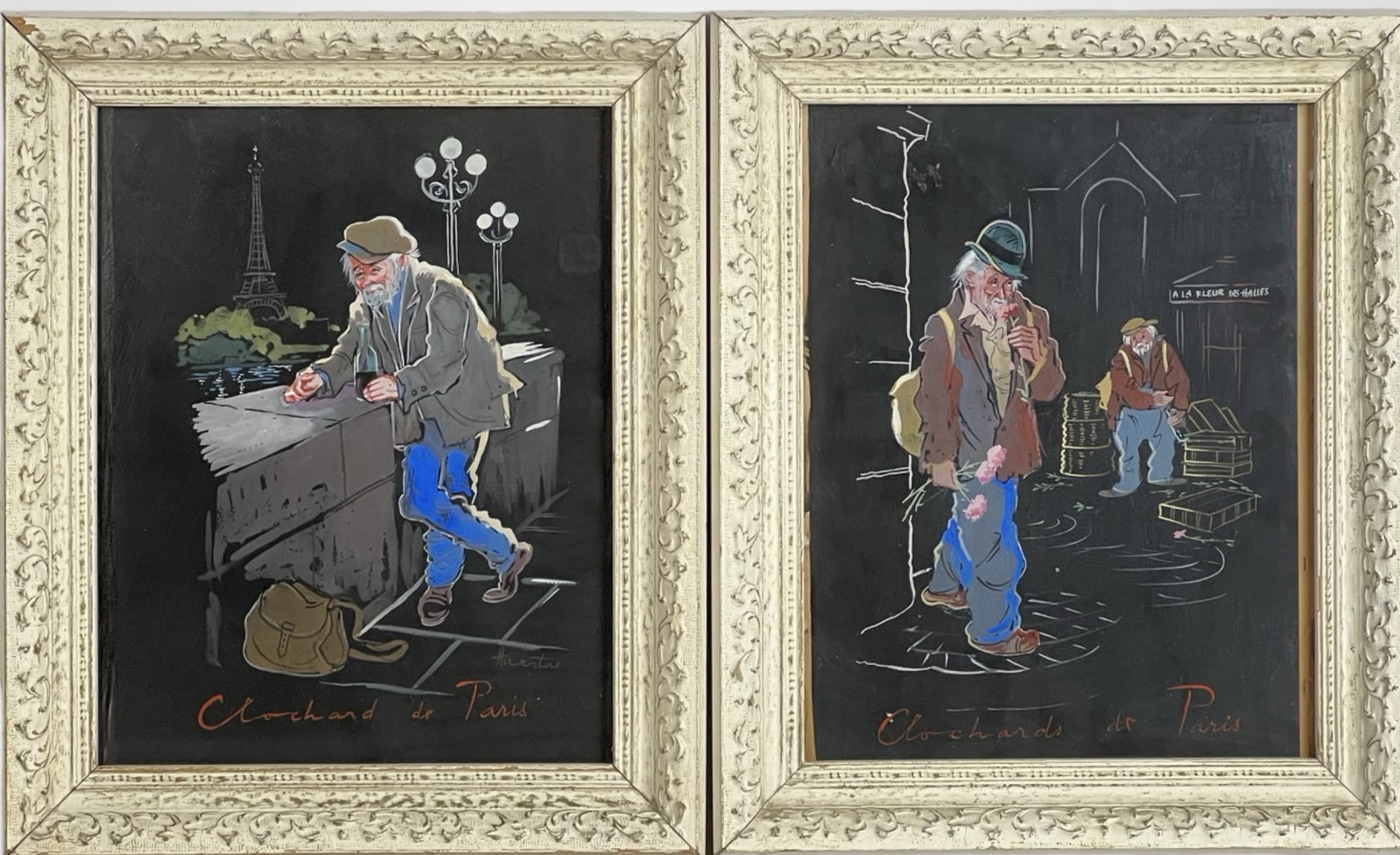 Alice Huertas - Clochards de Paris Paintings: This evocative pair of mid-century paintings by French artist Alice Huertas, titled Clochards de Paris (translated: Tramps of Paris), offers a sympathetic and atmospheric portrayal of life on the marg