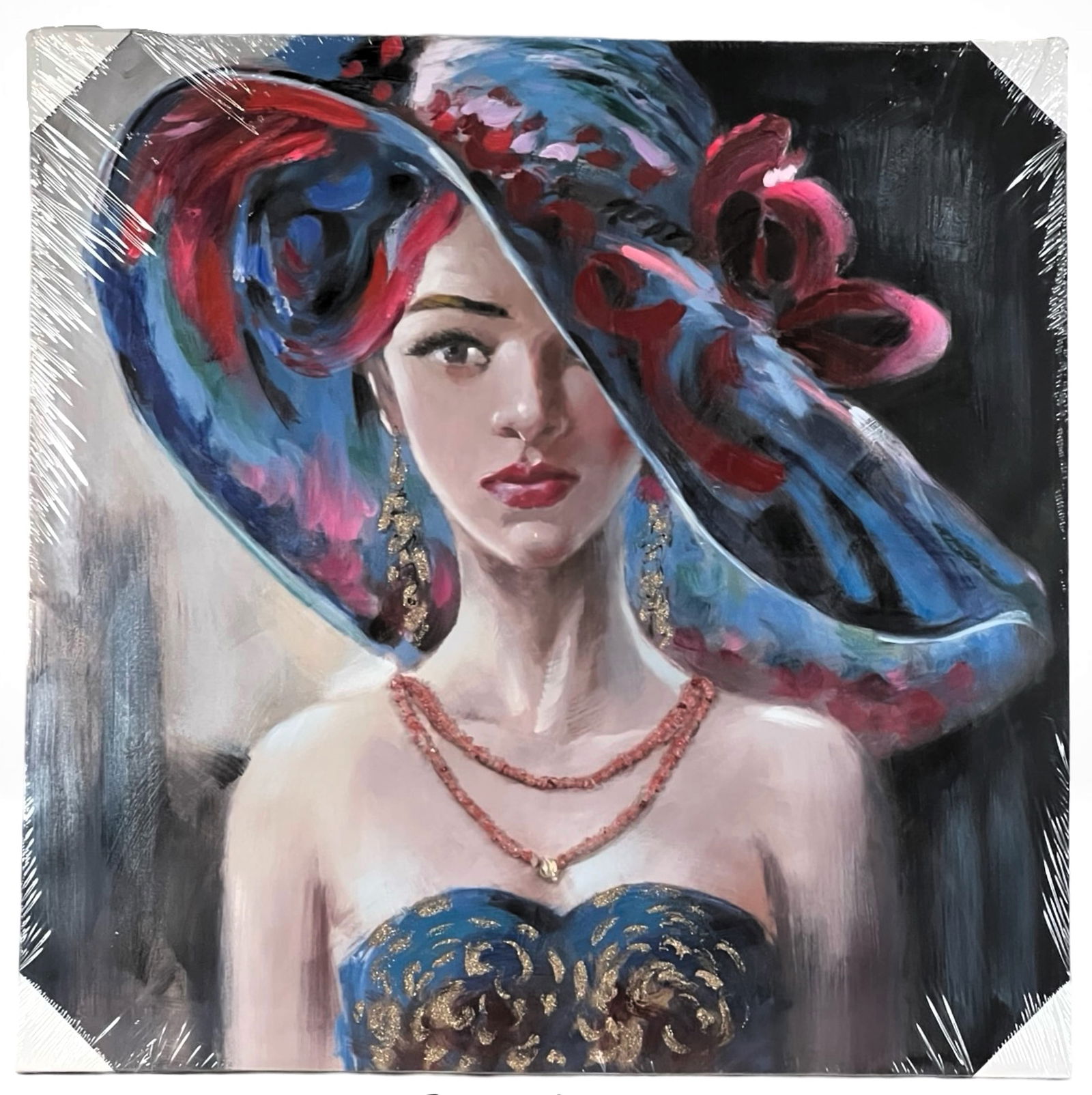 Lady in Hat Canvas Art w/ Genuine Stones Necklace (1 of 3)