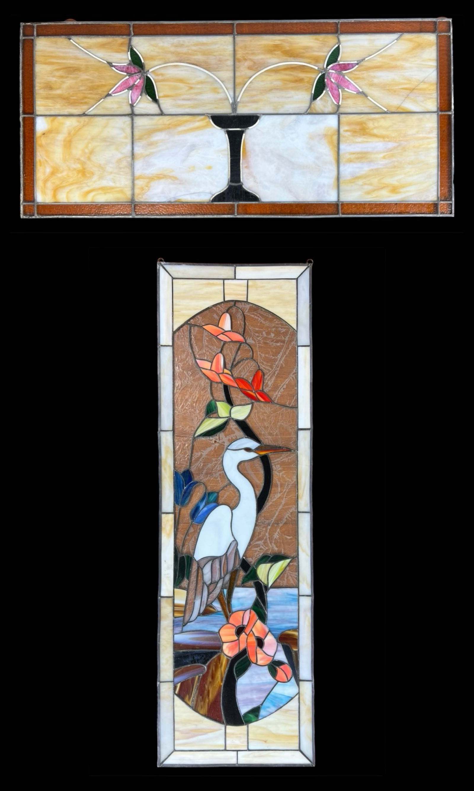 Two Vintage Stained Glass Panels - Floral & Egret (1 of 14)
