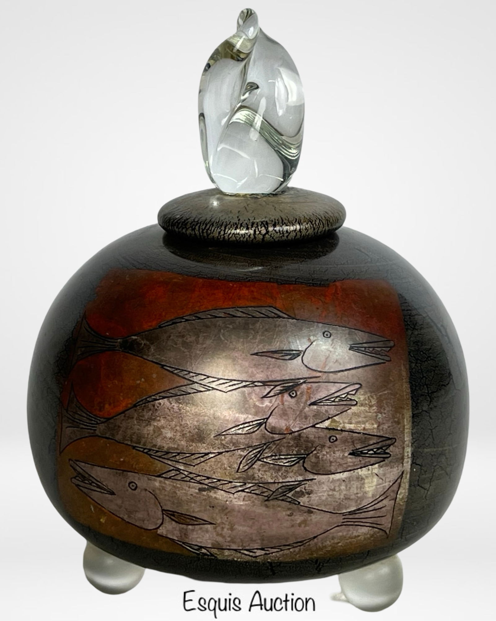 Hiroshi Yamano Studio Art Glass Lidded Vessel Fish (1 of 4)