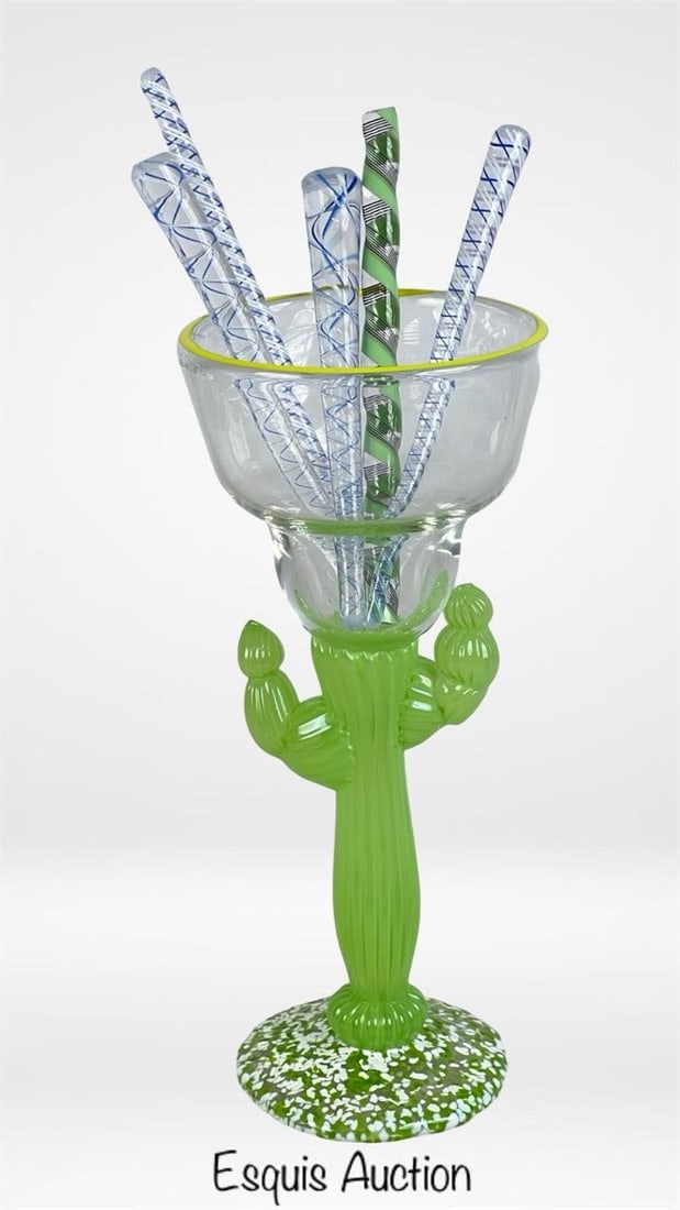 Melanie Guernsey Art Glass Cactus Martini Glass: Whimsical art glass martini glass designed by Melanie Guernsey, featuring a hand-sculpted green cactus stem with ribbed arms and a speckled green and white foot. The clear bowl is accented with a yell
