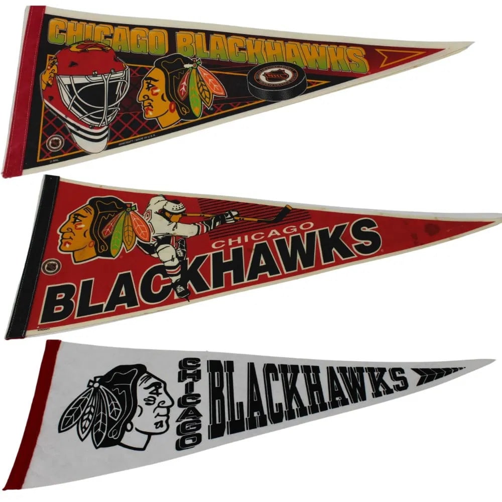 Lot of 3 Chicago Blackhawks NHL Pennants Hockey: Set of three vintage Chicago Blackhawks NHL pennants featuring bold designs celebrating this iconic hockey team. Includes classic logos and player imagery in a mix of vibrant red, black, and white col