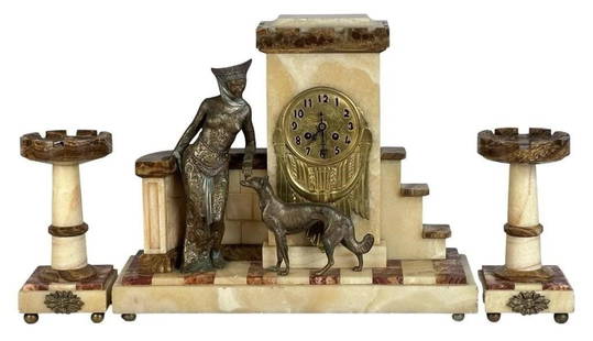 Art Deco French 3 pcs Mantel Clock Set- Bronze Fg: stunning early 20th-century French clock set featuring a central timepiece flanked by two candlesticks. The base is crafted from onyx and marble, supporting an intricately detailed bronze figure of a