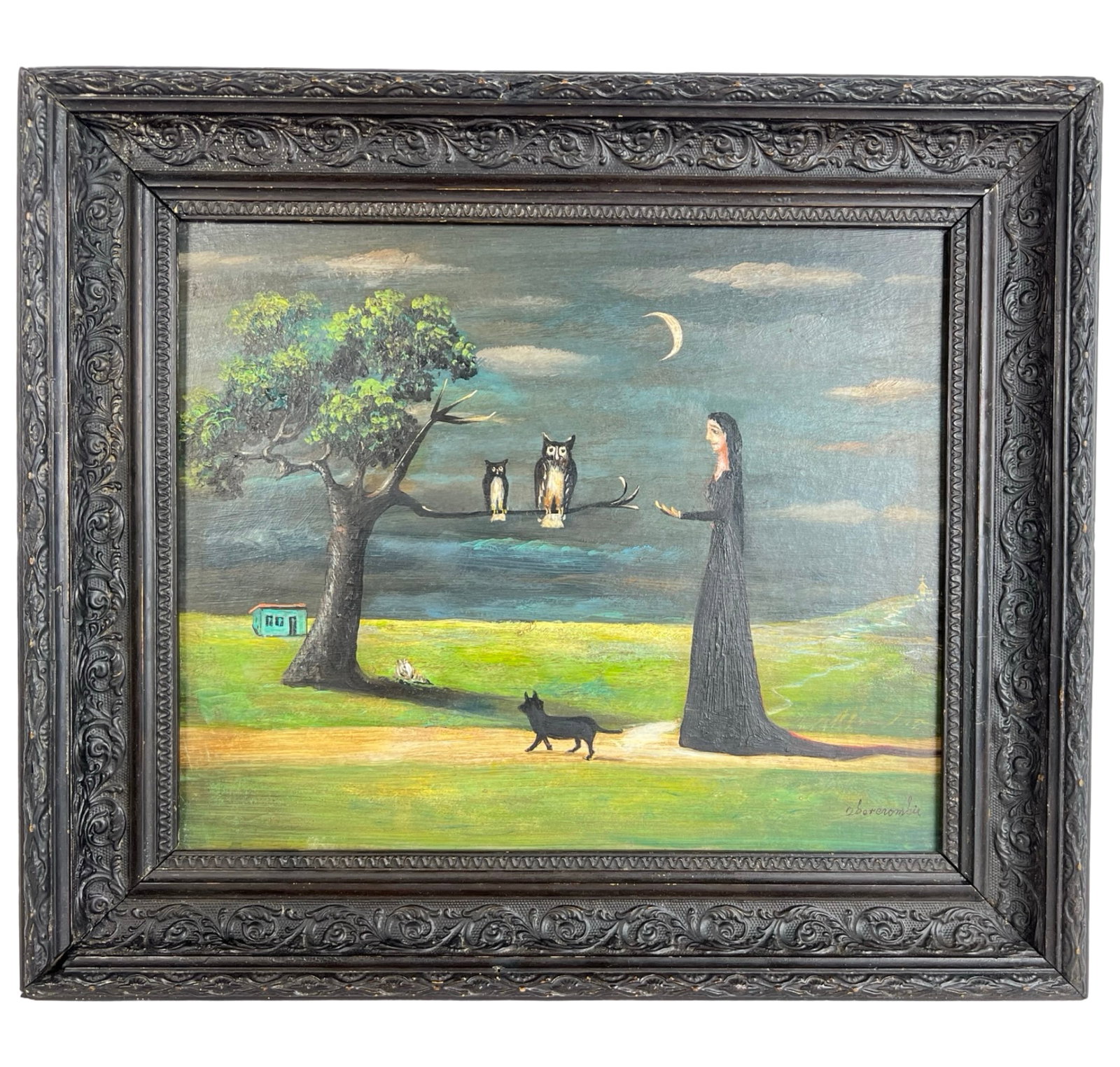 Gertrude Abercrombie- Surrealist Oil Painting: Enter the captivating realm of Gertrude Abercrombie with this surrealist oil painting-an enchanting portrayal of a mysterious female figure accompanied by a black cat, wandering through a moonlit fore
