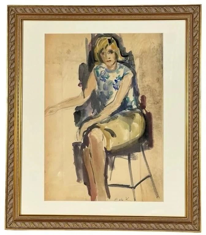 Elaine de Kooning (in manner) Gouache Painting: A vibrant gouache painting depicting a seated woman in casual yet expressive form. The artwork features bold, fluid brushstrokes, predominantly in shades of blue, red, and black. Signed "E. de K." in