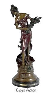 Auguste Moreau Bronze Sculpture- Huge 3ft Tall: This impressive Art Nouveau bronze sculpture, titled Reine des Prés (Queen of the Meadows), is a distinguished work by celebrated French artist Auguste Moreau. Measuring 38 inches in height, the scul