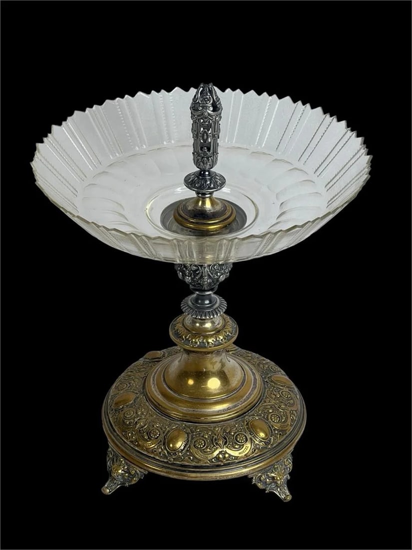 Victorian Ornate Glass & Gilt Centerpiece Tazza: Refined 19th-century Victorian-era tazza centerpiece showcasing a beautifully fluted pressed glass bowl with scalloped edging, elevated on an ornate, footed pedestal. The base is richly embellished wi