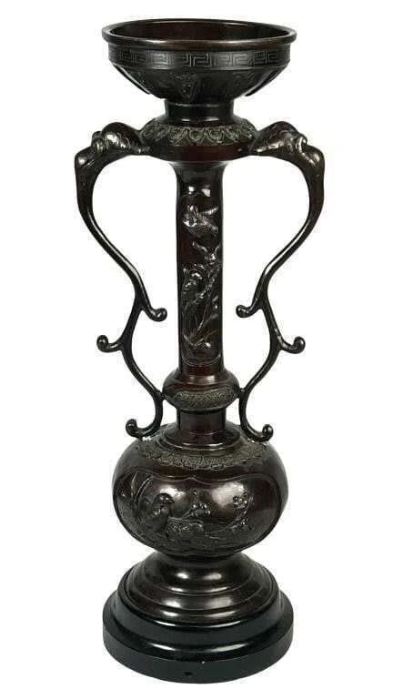 Japanese Meiji Period Bronze Vase with Birds: An expertly made Japanese bronze vase from the Meiji period, adorned with detailed relief work featuring birds, flowers, and other nature-inspired motifs-reflecting the refined artistry typical of the