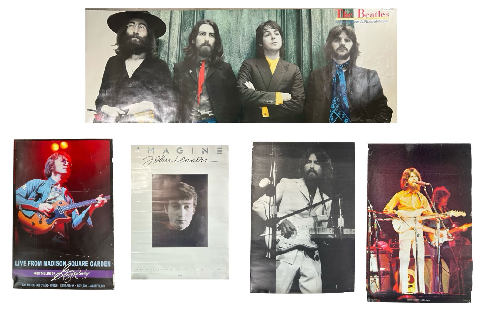 The Beatles Posters Collection - Lennon, Harrison: This striking collection of Beatles and solo-era posters features captivating images of John Lennon, George Harrison, and the full band during their later years. The highlight is a panoramic 74" x 26"