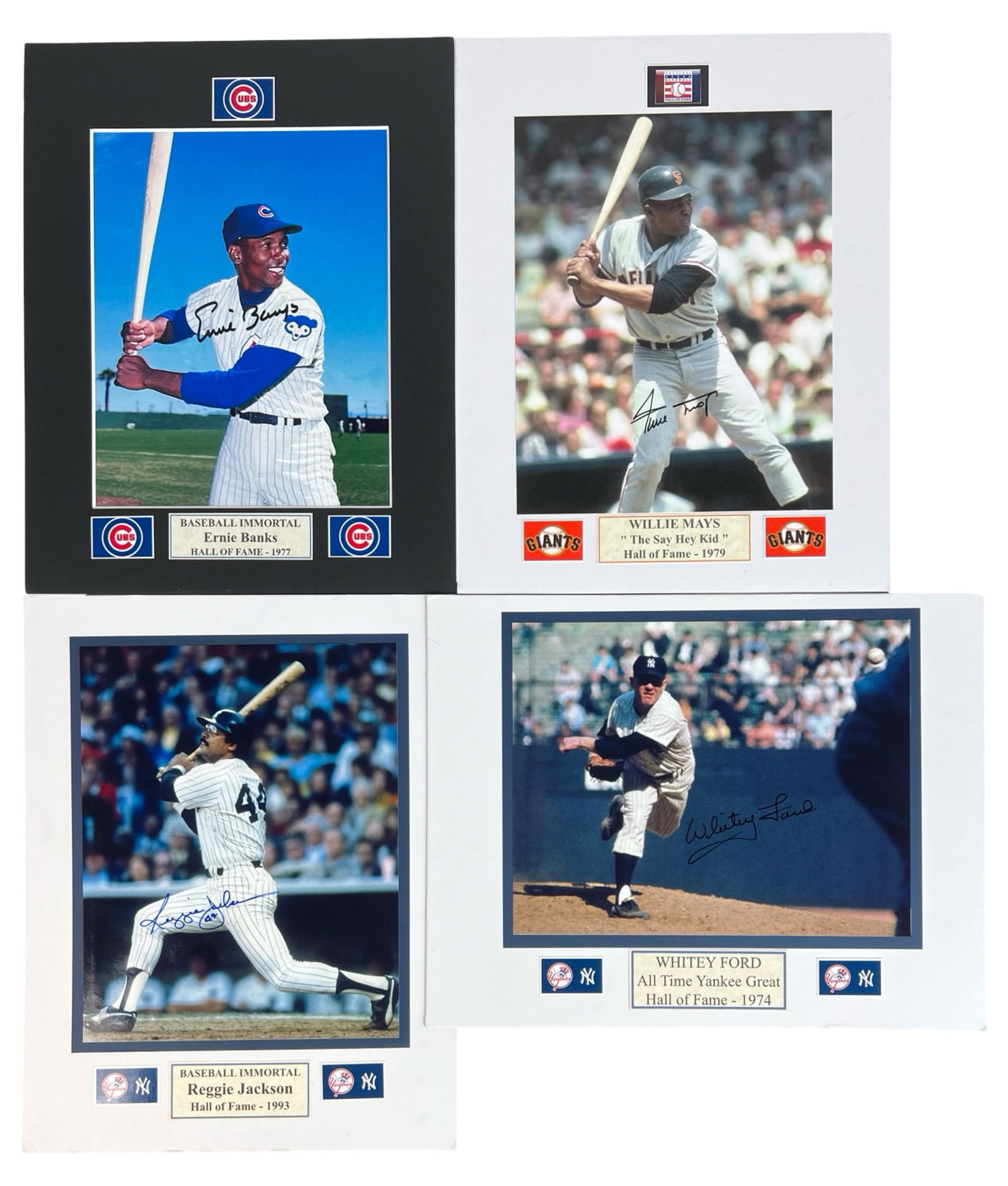 Four Autographed Baseball Legends Photographs: Presented here are four iconic 8" x 10" photographs signed by baseball legends, each mounted on individual 14" x 11" custom matting. The collection features Ernie Banks (Hall of Fame, 1977), Willie Ma