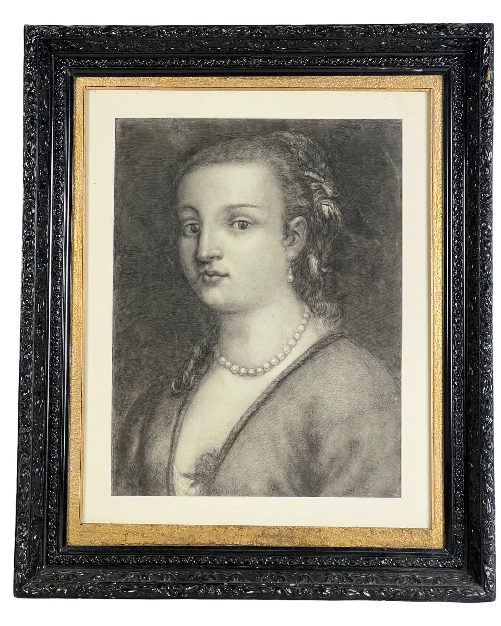Portrait of a Lady Antique Engraving: This refined antique engraving depicts a poised young woman rendered in exquisite detail, with delicate shading capturing her serene expression and classical beauty. Her pearl necklace, soft curls, an