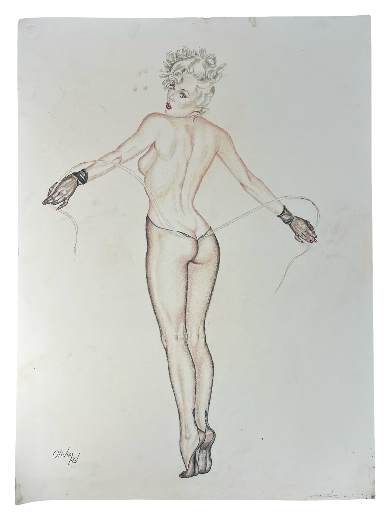 Original Sexy Pin-Up Girl Drawing by Olivia: An alluring and highly detailed pin-up girl drawing, signed "Olivia" in the lower left. The figure is drawn with exceptional attention to detail, showcasing a provocative yet artistic representation o