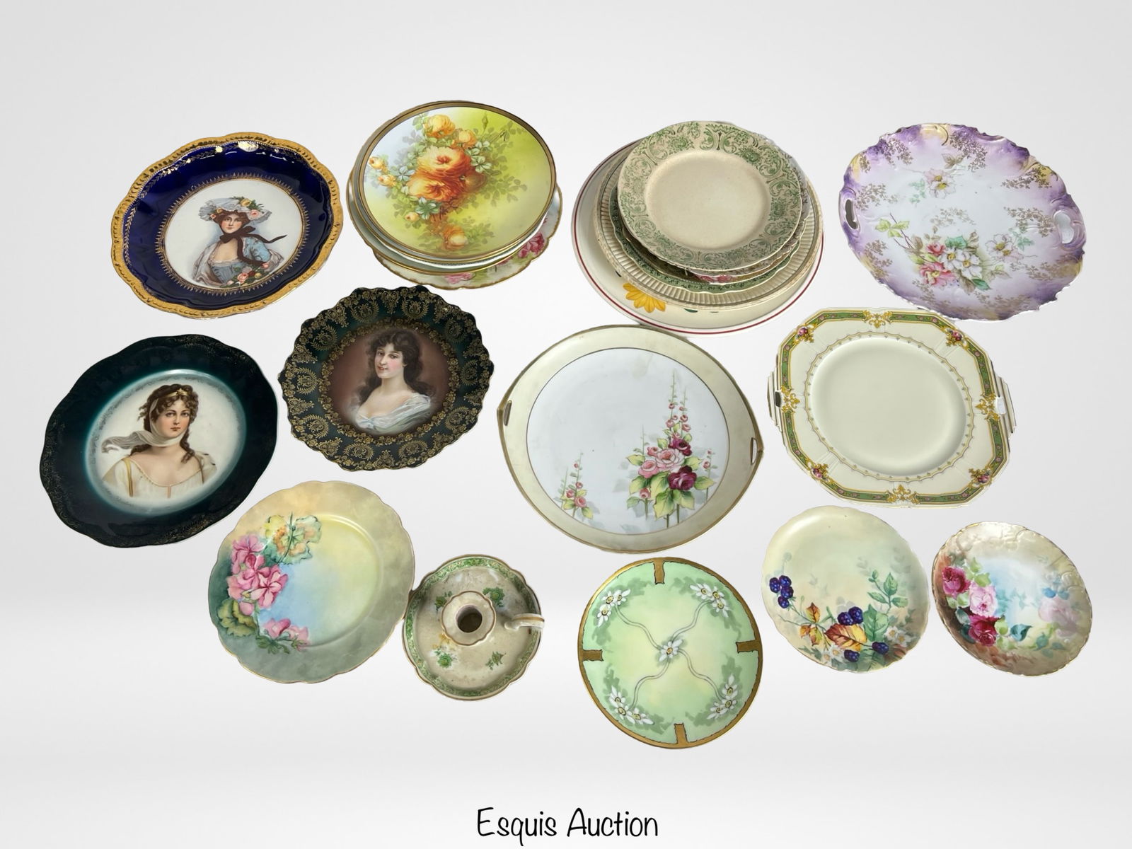 Collection of Antique Porcelain Plates- Limoges,: A beautifully curated assortment of 21 antique hand-painted porcelain plates and chargers, ranging from 5 3/4" to 11 3/4" in diameter. This collection showcases a variety of European and American porc