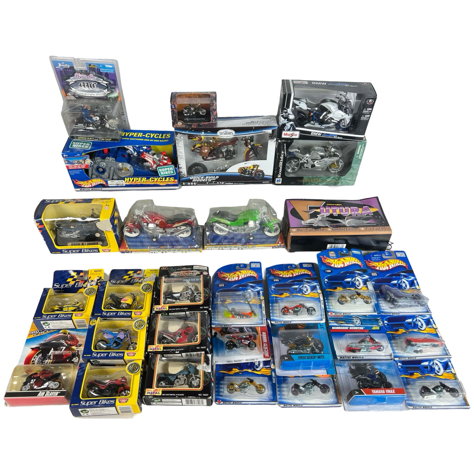 Die-Cast Motorcycle and Bike Collection: This expansive lot features a diverse collection of die-cast motorcycles and motorbikes, including models from Hot Wheels, Maisto, Jada Toys, Super Bikes, and Hyper-Cycles. Ranging in scale and style,