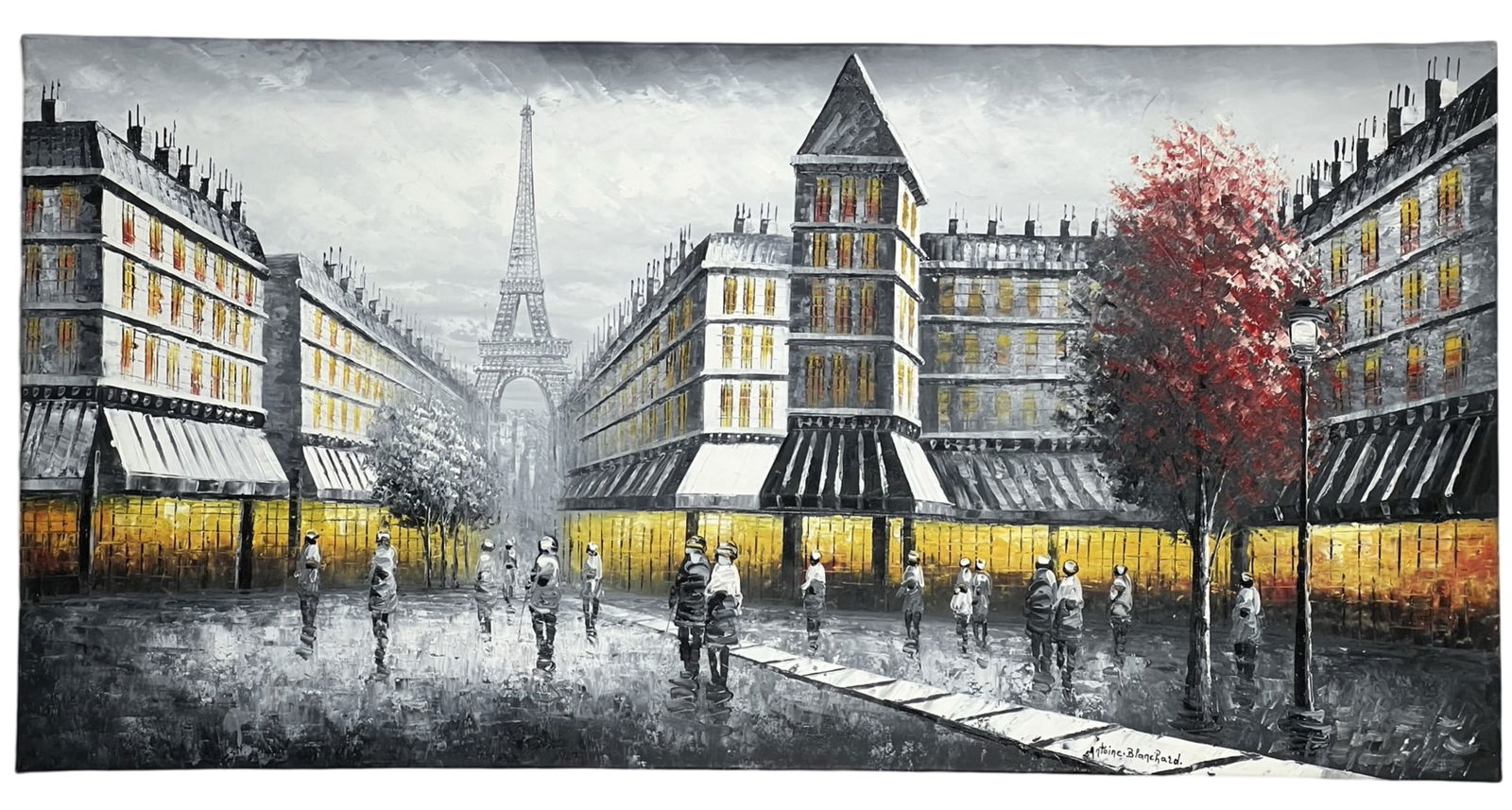 Parisian Street Scene in Style Antoine Blanchard: Vibrant and atmospheric Parisian boulevard scene, depicting pedestrians strolling between glowing shopfronts and classic Haussmann-style buildings beneath a moody gray sky. The Eiffel Tower stands pro