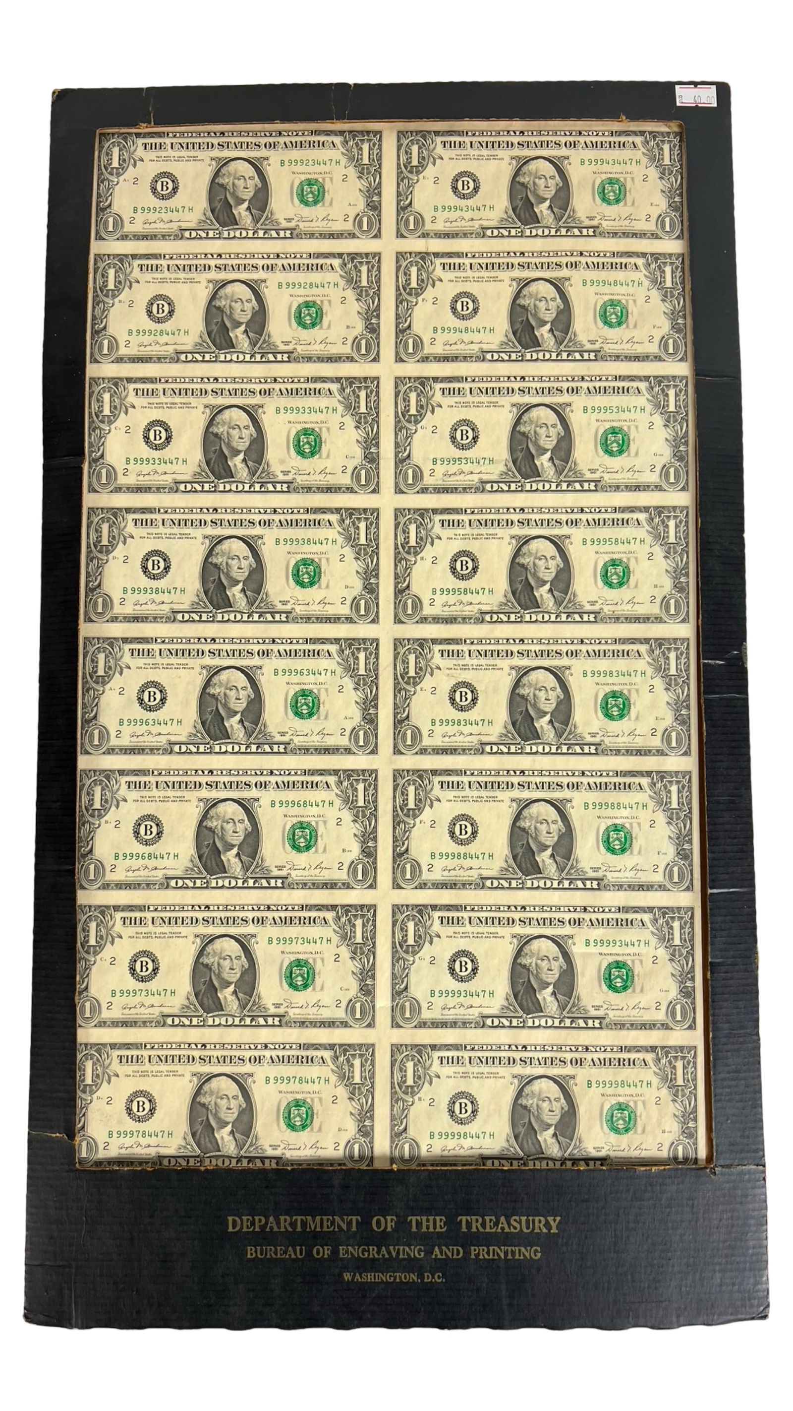 Uncut Sheet of 16 One Dollar Bills (1 of 3)