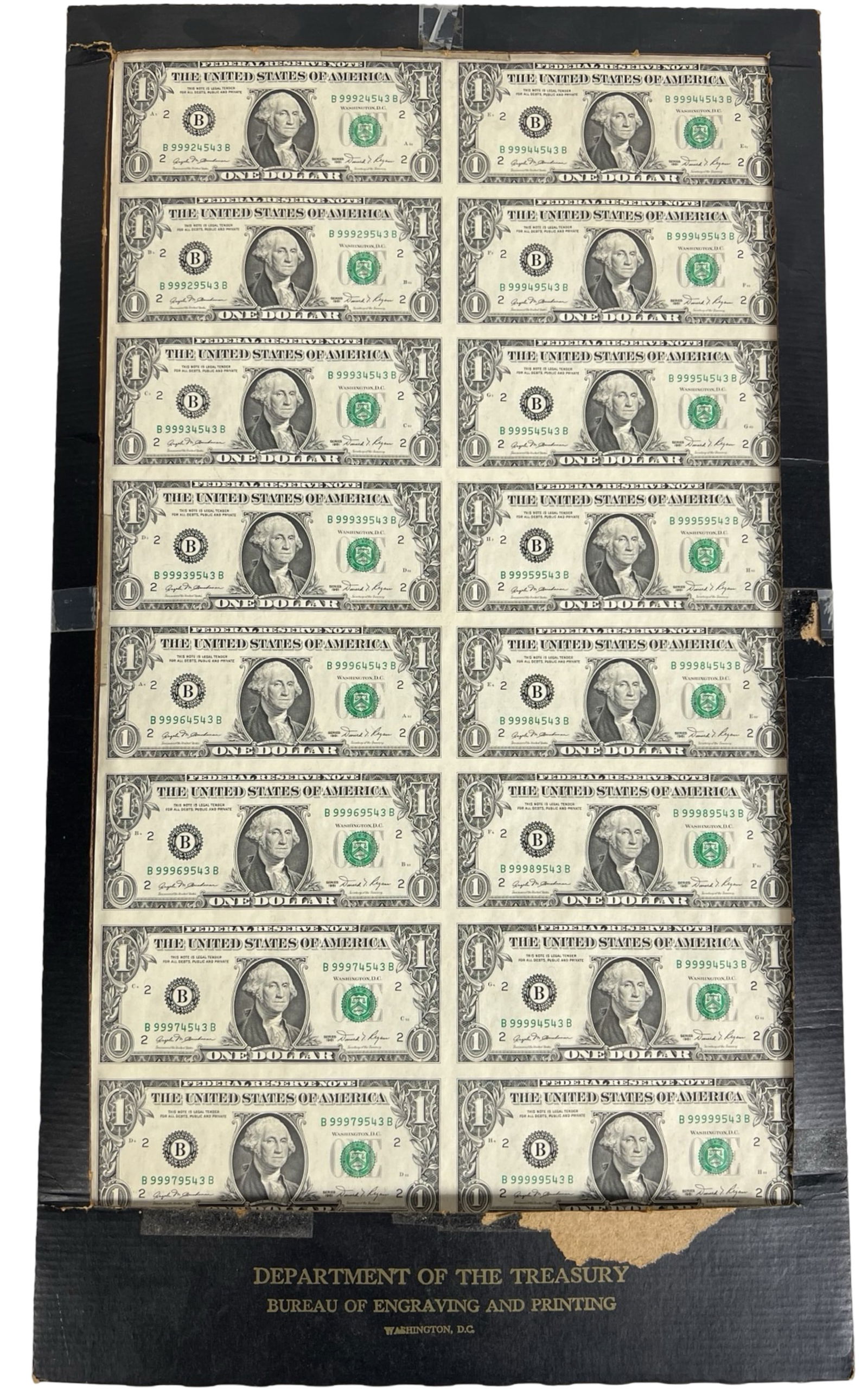 Uncut Sheet of 16 One Dollar Bills (1 of 3)