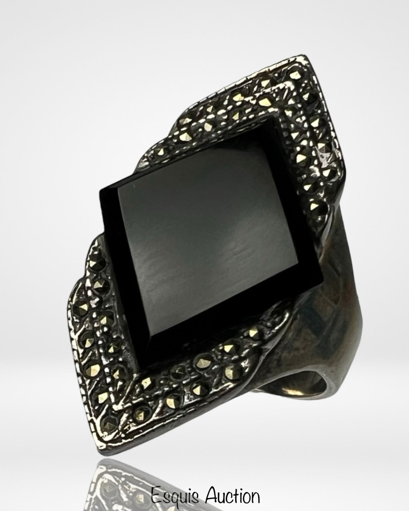 Black Onyx Marcasite Sterling Silver Ring (1 of 4)