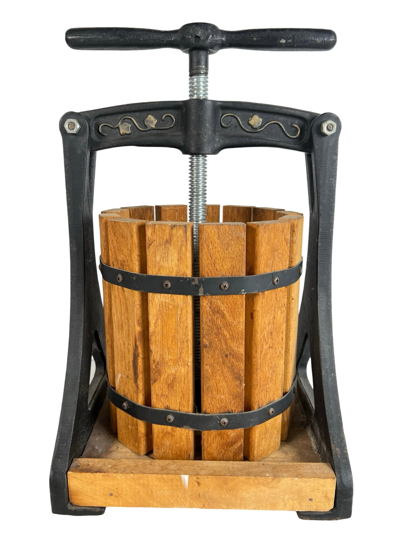 Cast Iron and Wood Wine Cider Fruit Press: This beautifully crafted wine fruit press combines functionality with decorative appeal. It features a durable cast iron frame accented with grapevine and leaf motifs, and a wooden slat basket designe