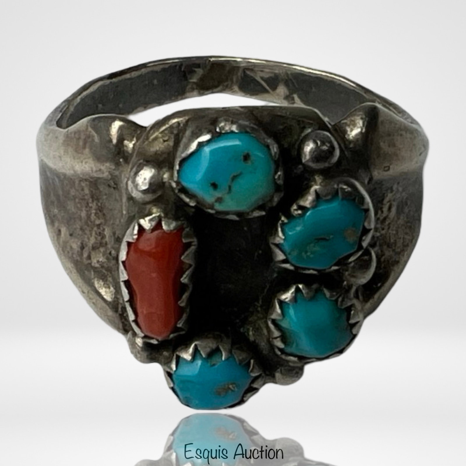 Navajo Sterling Silver Turquoise & Coral Ring: Navajo Sterling Silver Ring with Turquoise and Coral. Size- 10.5.