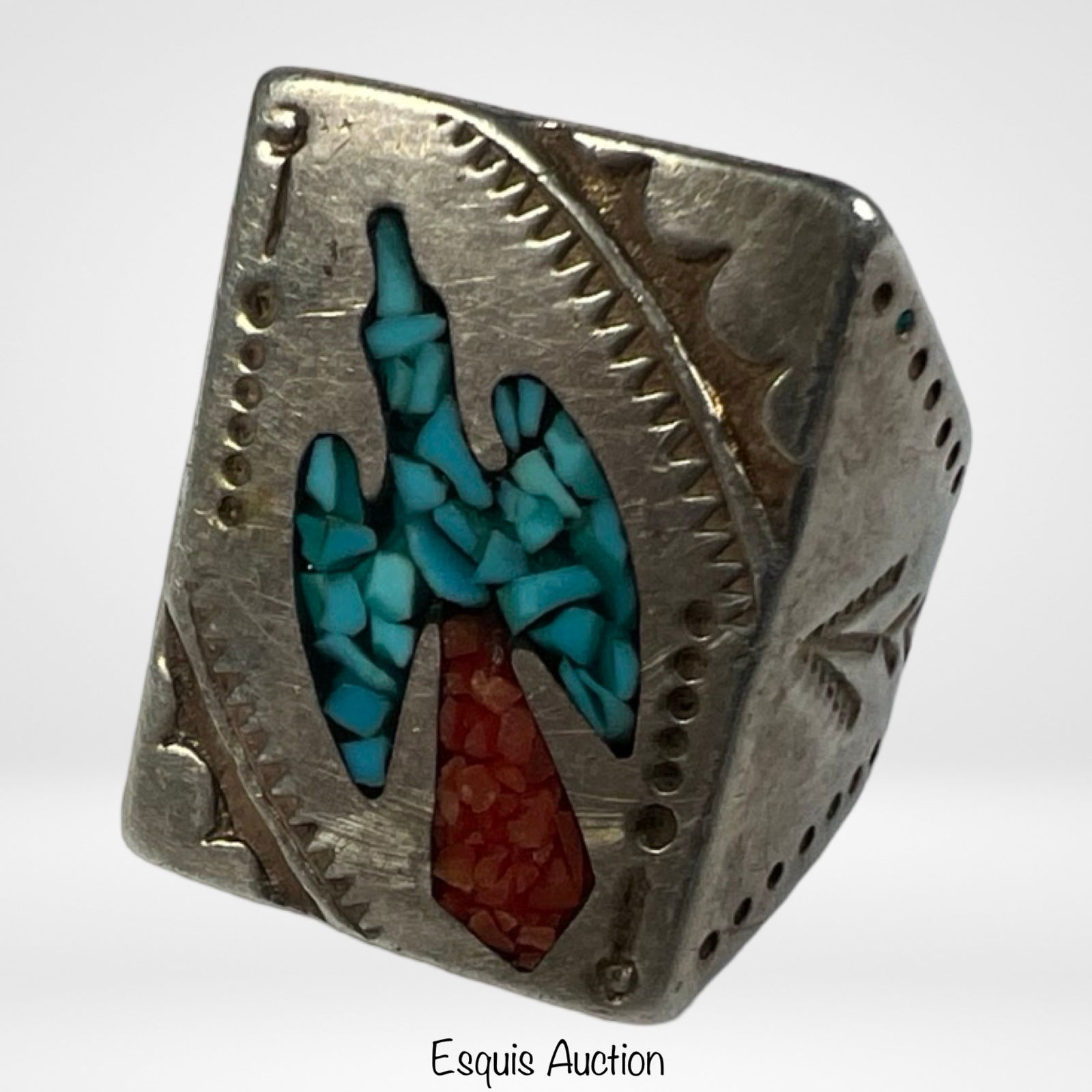 Navajo Sterling Silver Turquoise Coral Men's Ring (1 of 4)