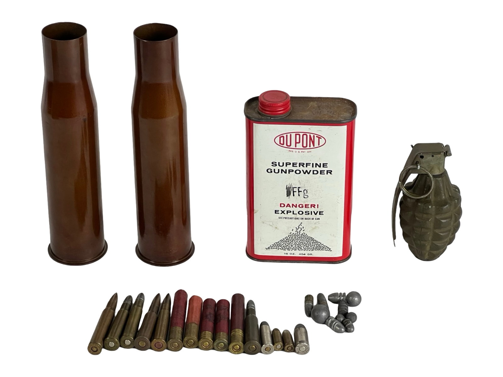 Military Group- WWII Shell Casings, Powder Tin, Du: Group includes two WWII-era 37mm M17B1 shell casings dated 1943, a full vintage DuPont Black Rifle Powder tin, and a dummy Mk2 "pineapple" hand grenade marked "F.X.". Also included is a mixed selectio