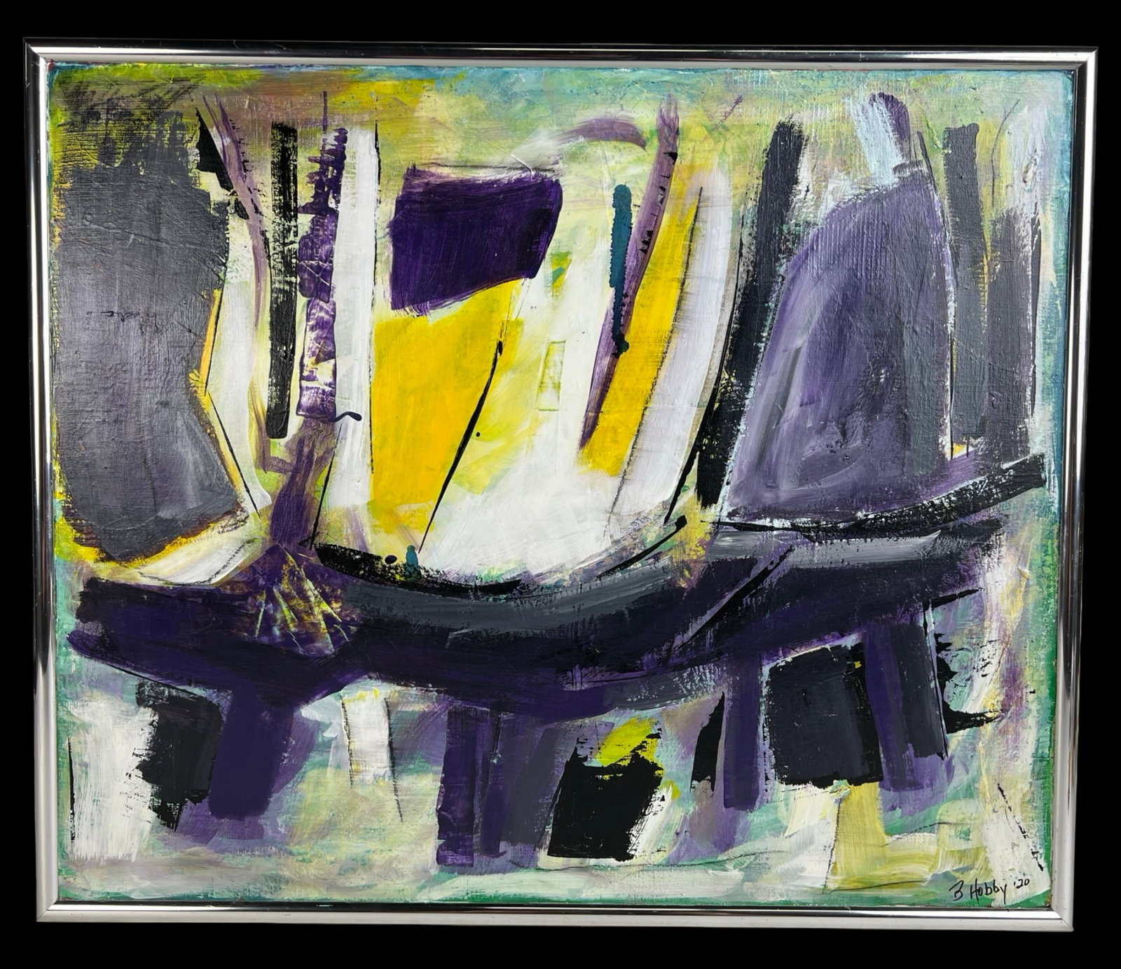 Beth Hobby Mixed Media Abstract Modernist Painting: Striking abstract modernist mixed media painting on canvas by contemporary Illinois artist Beth Hobby. Titled "Blue Dog", the composition features dynamic gestural forms in black, white, yellow, and v