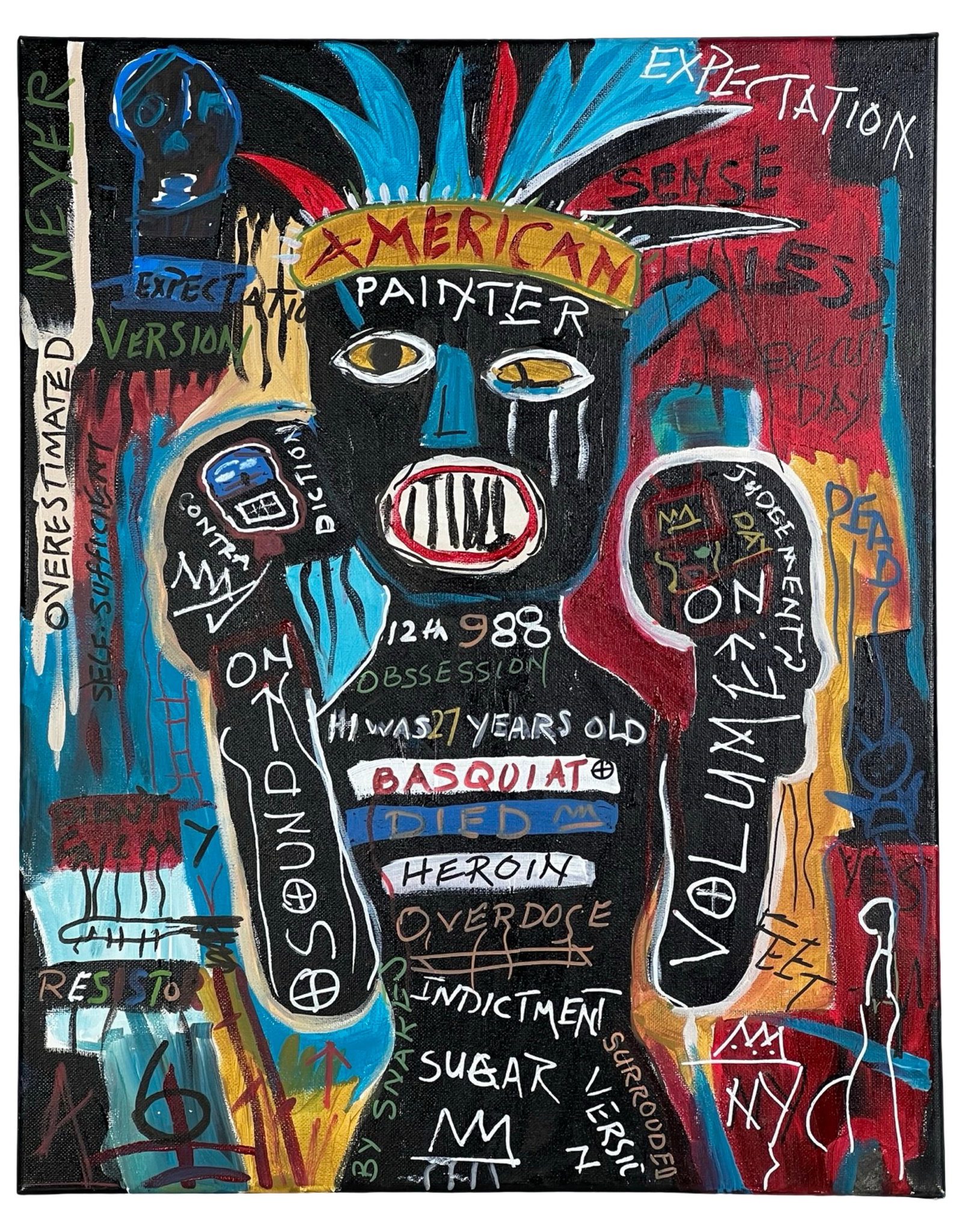 Tribute to Jean-Michel Basquiat Original Painting: Striking original oil painting on canvas inspired by the iconic style of Jean-Michel Basquiat. This expressive and chaotic composition features bold line work, fragmented text, anatomical imagery, and