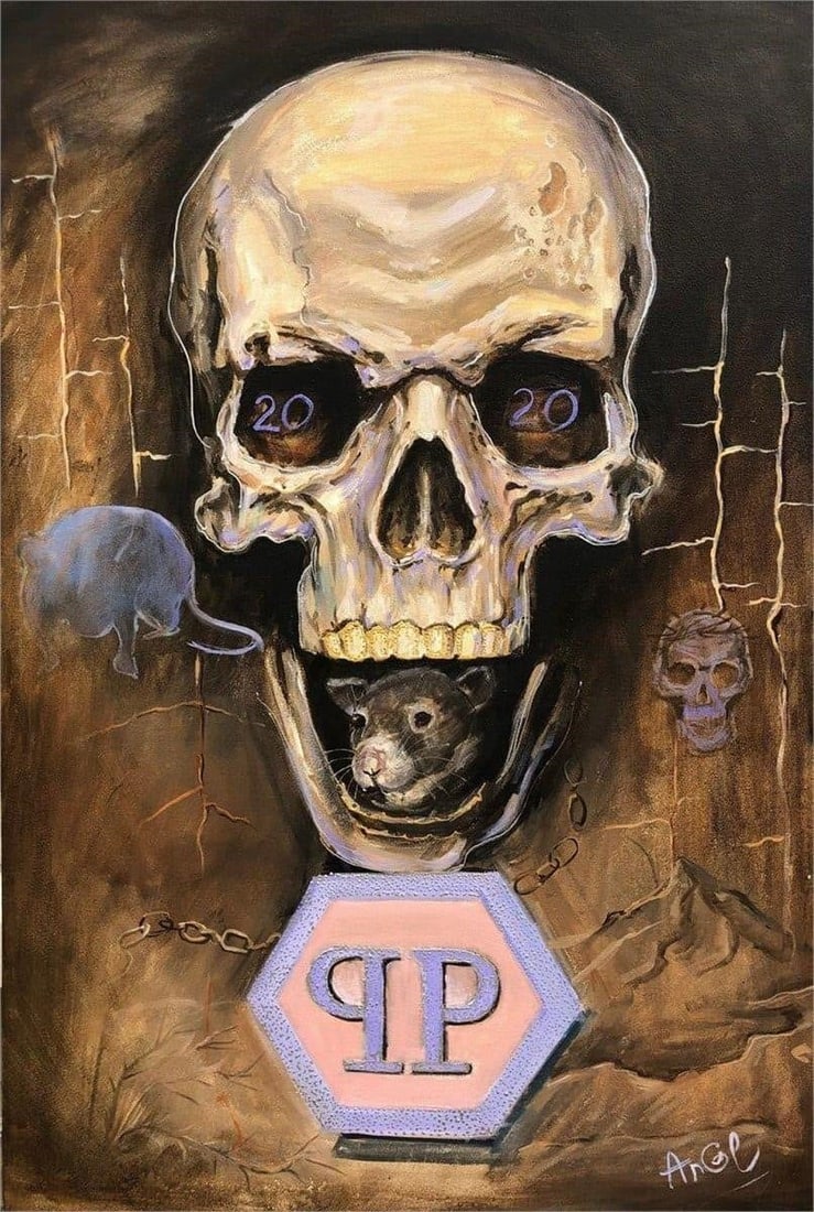 Pop Art Symbolism Surrealism Painting by Grineva: This striking oil on canvas by Oksana Grineva is a bold synthesis of Pop Art, Symbolism, and Surrealism. A luminous skull dominates the composition, its hollow eyes marked "20 20," referencing a year 