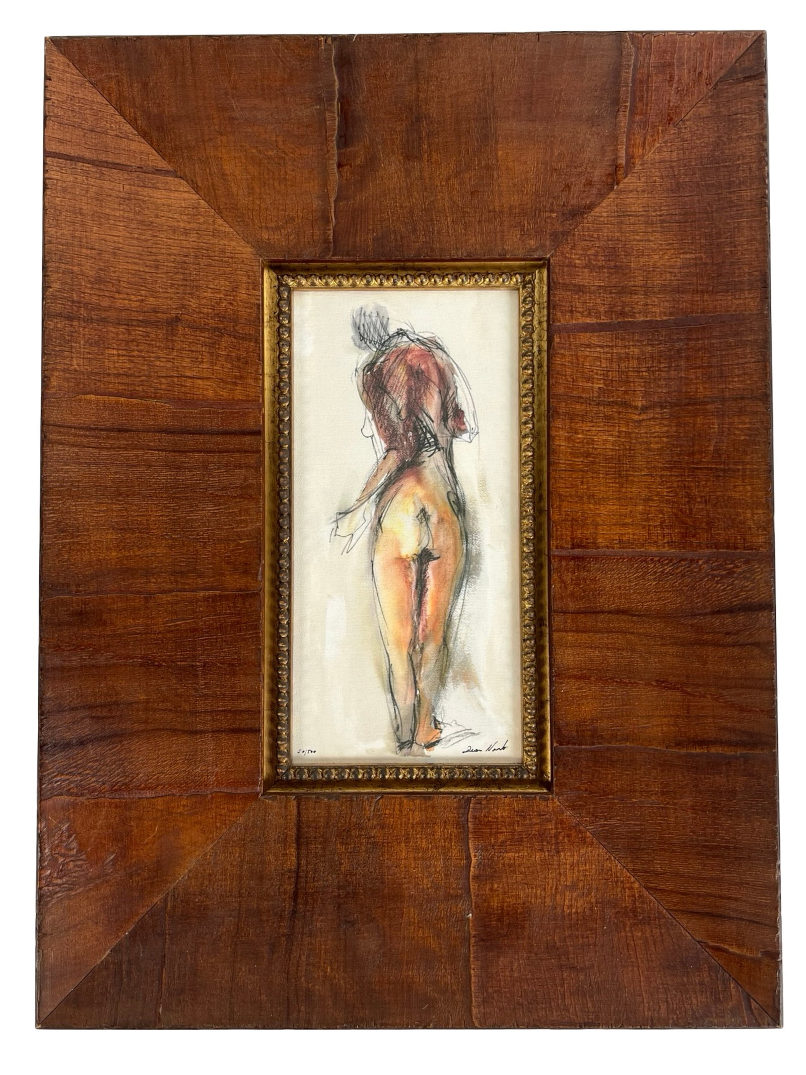 Nude Woman Study - LE Lithograph by Dean Ward: A refined and expressive limited edition lithograph by Dean Ward, depicting a rear view study of a nude woman in motion. Executed with fluid contour lines and soft washes of earth tones, the compositi